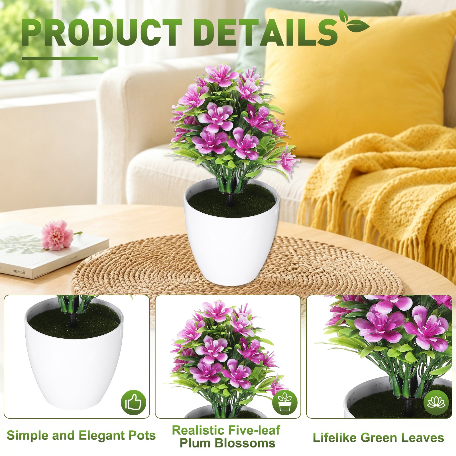 Mini Fake Flowers in Pot – for Home Bedroom Bathroom Office, Magenta