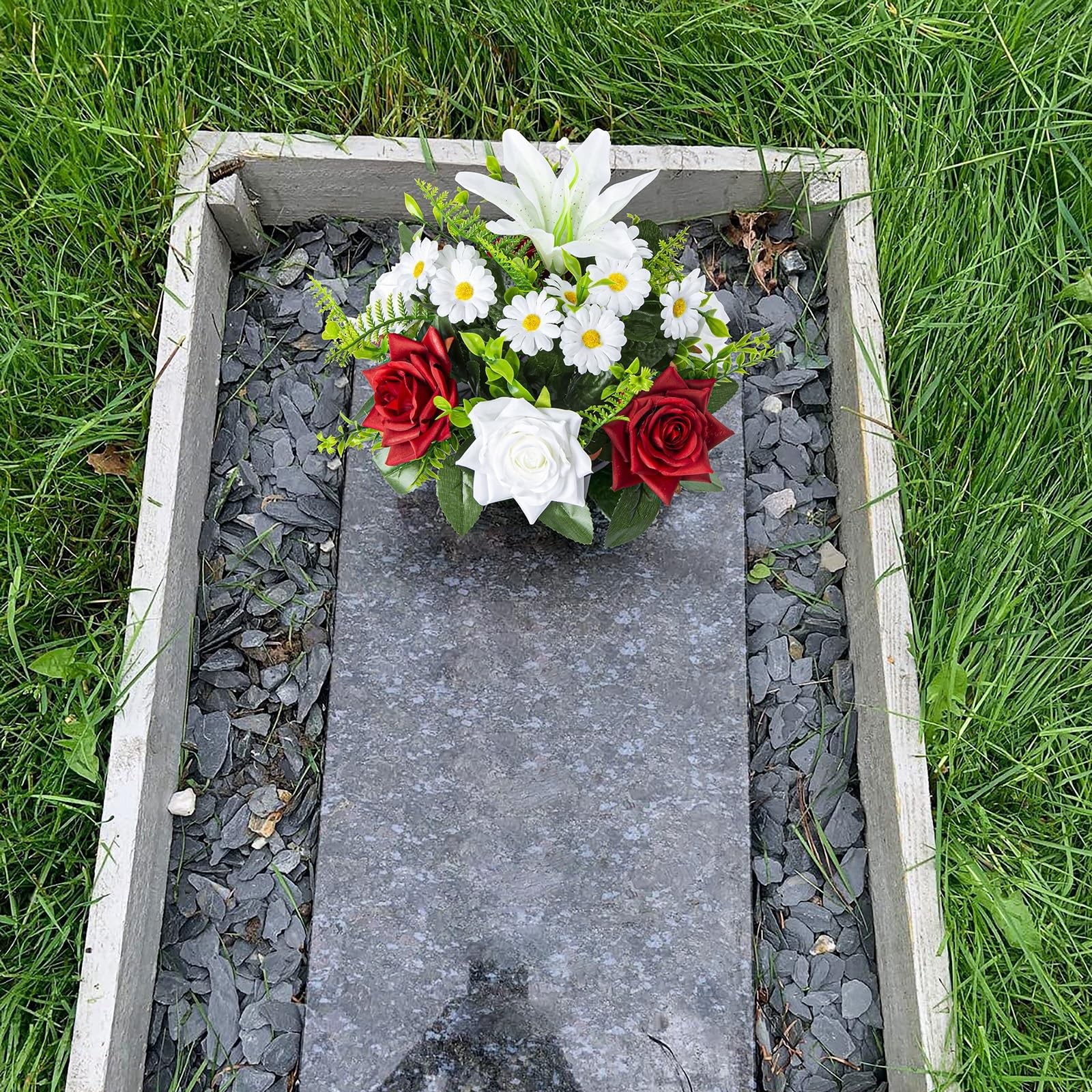 Artificial Grave Flowers in Pots, Artificial Rose Lily Daisy Memorial Flowers…