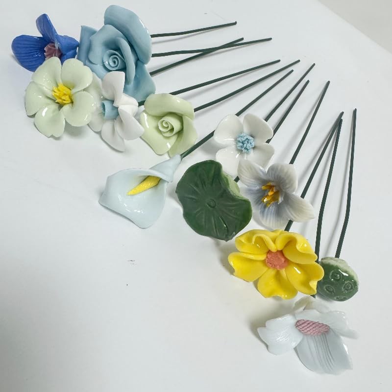 12 Pcs Handmade Ceramic Flowers Decor,Porcelain Flower Plant stakes for Outdo…