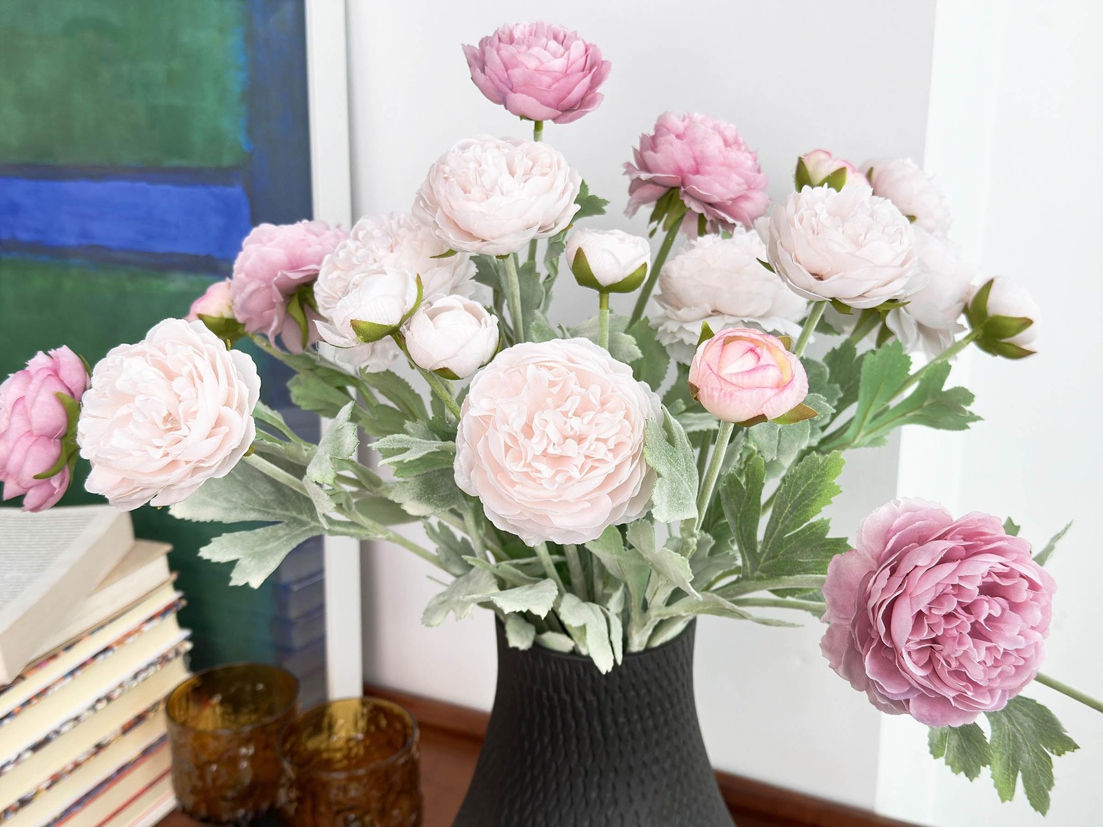 7 Pcs Peony Artificial Flowers with Stems, Faux Ice and Opal Pink Ranunculus Mix