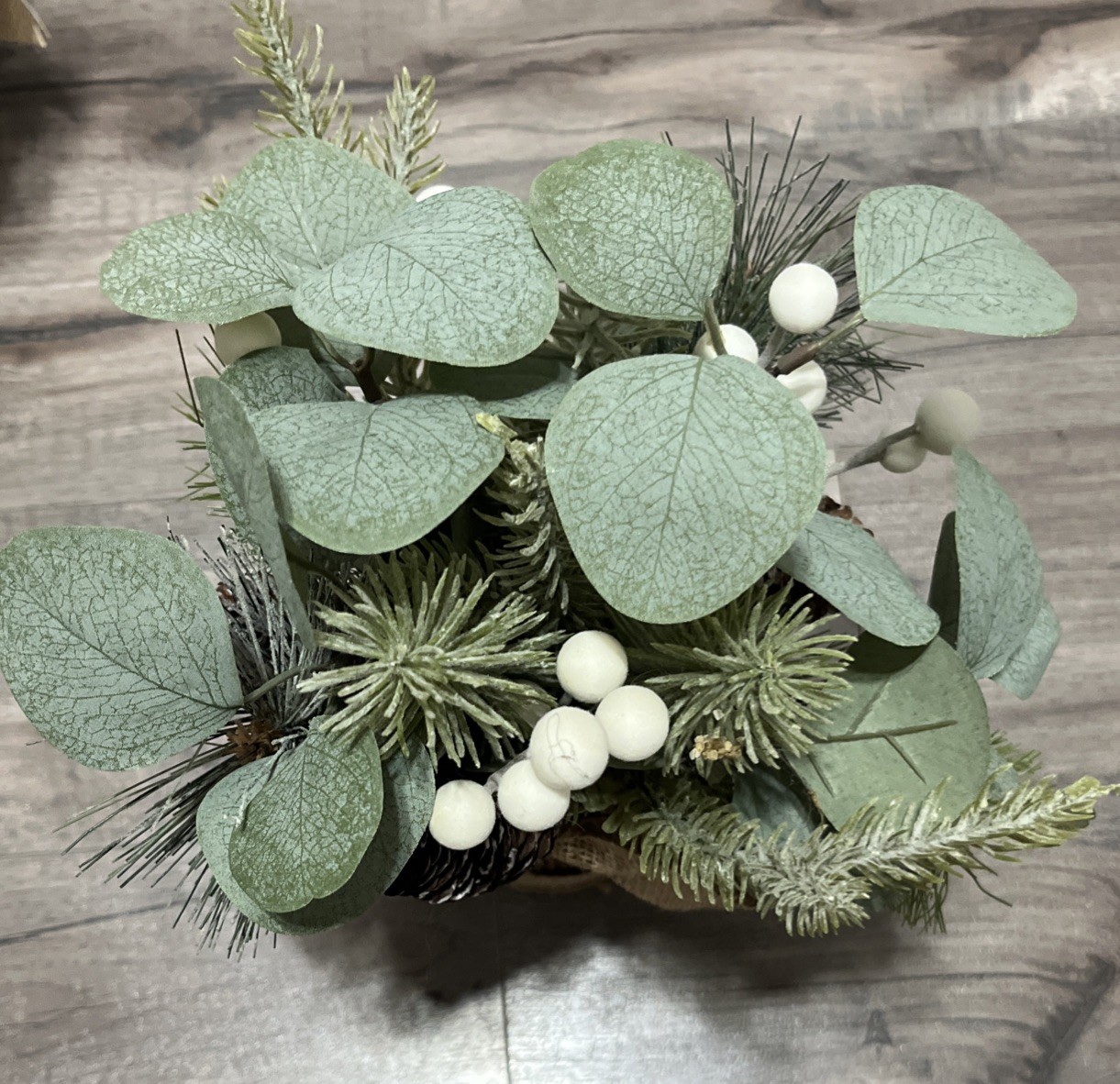 2 – 12” Rustic Greenery Arrangements Pine Cones Burlap Wood Base Country Cabin