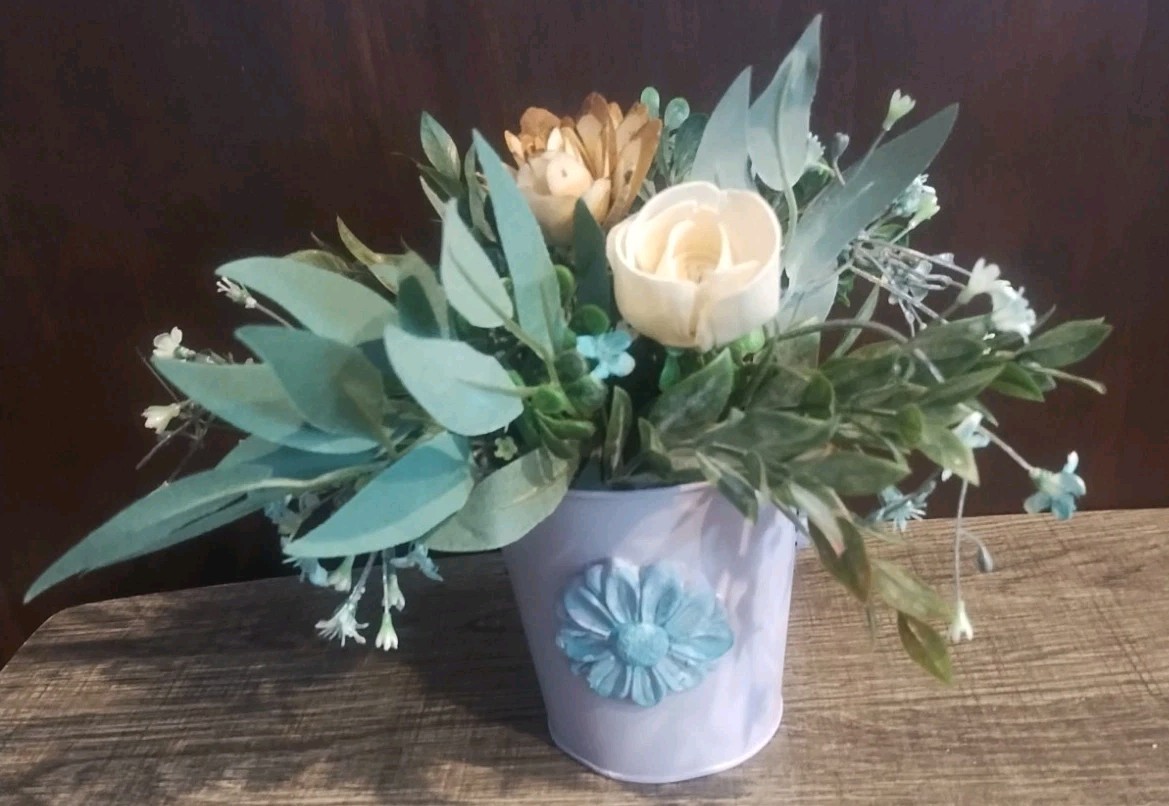Turquoise Lavender Faux Flowers Paper wood Plants Home Pot Purple 9 x 3 Painted