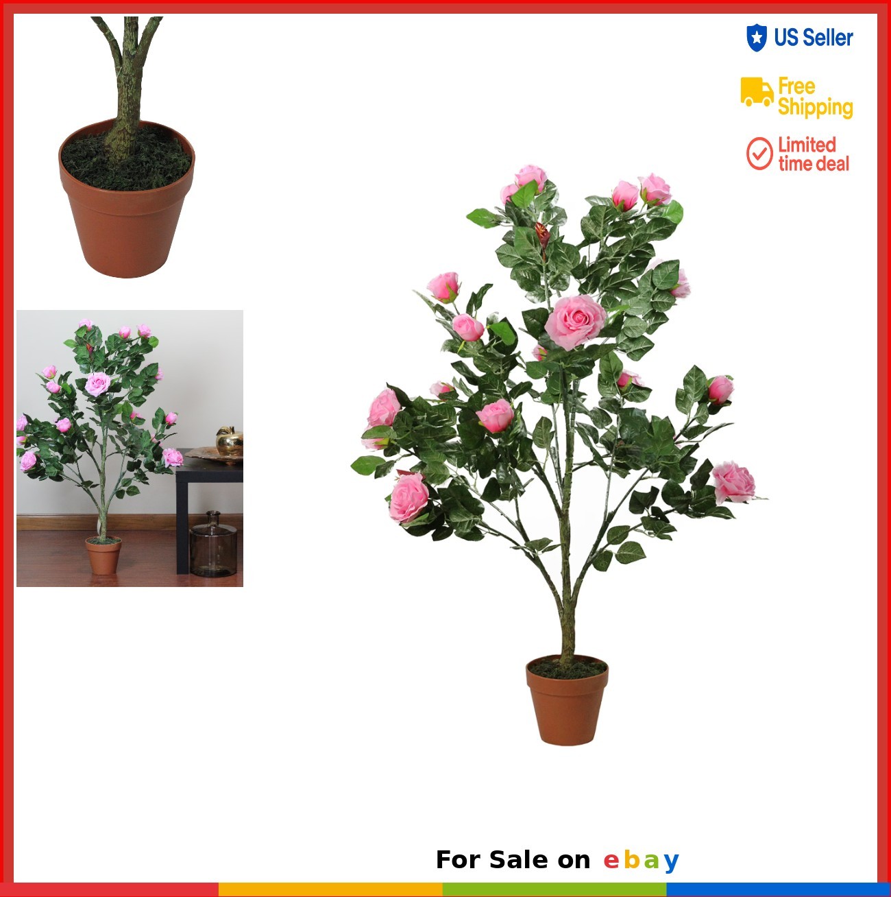 Artificial Rose Tree 43 Inch Potted Pink Green Flowers Indoor Faux Plant