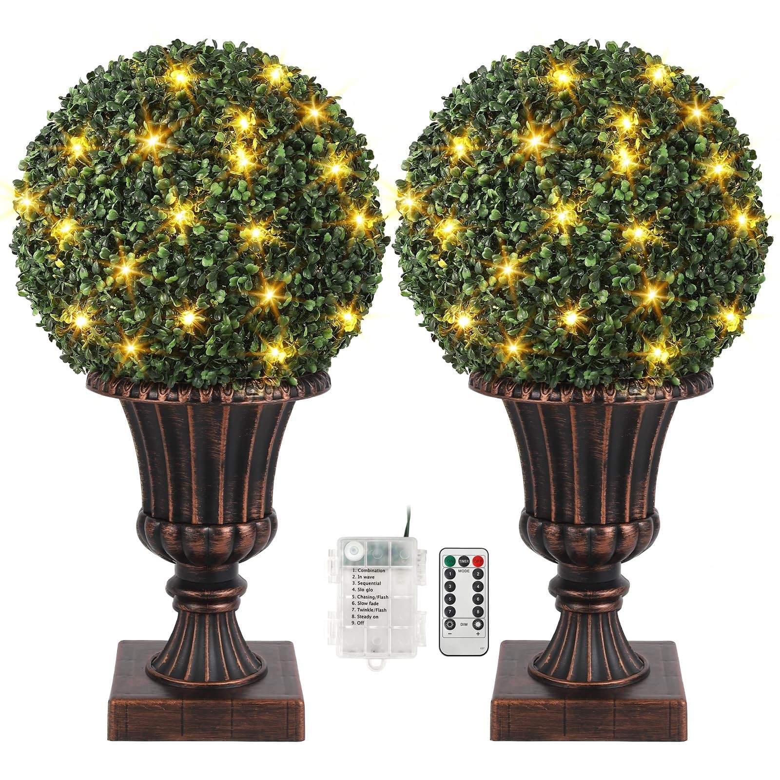 24″ Pre-Lit Artificial Topiary Trees for Front Porch, 2-Pack Faux Boxwood Pla…