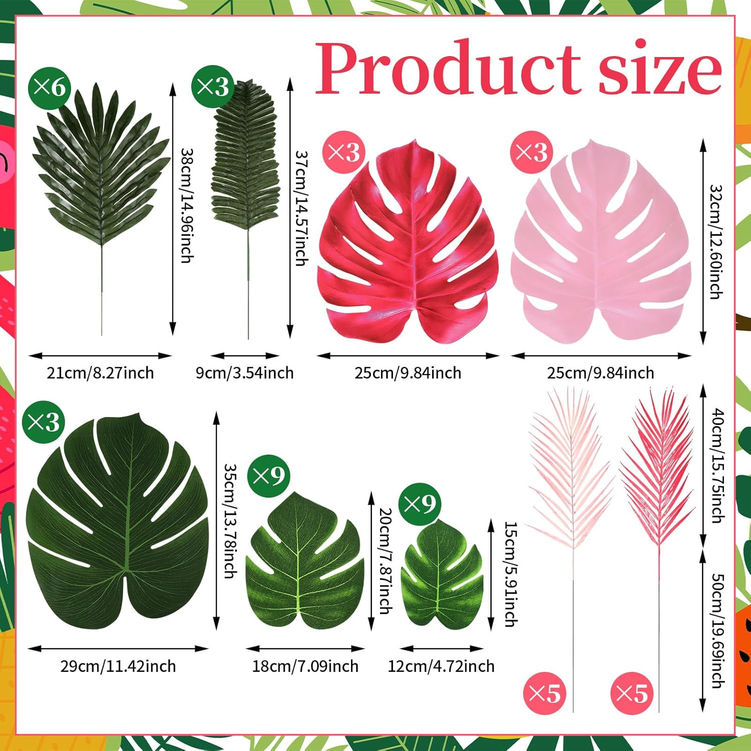 46 Pcs Tropical Artificial Palm Leaves Monstera Decoration Green Hot Pink Set fo