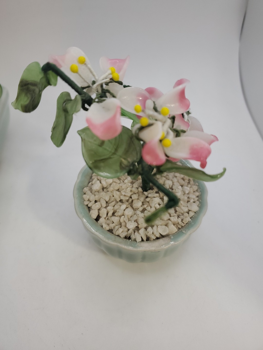 Vintage Glass & Jade Pink Flower Arrangement ~ Set Of 2