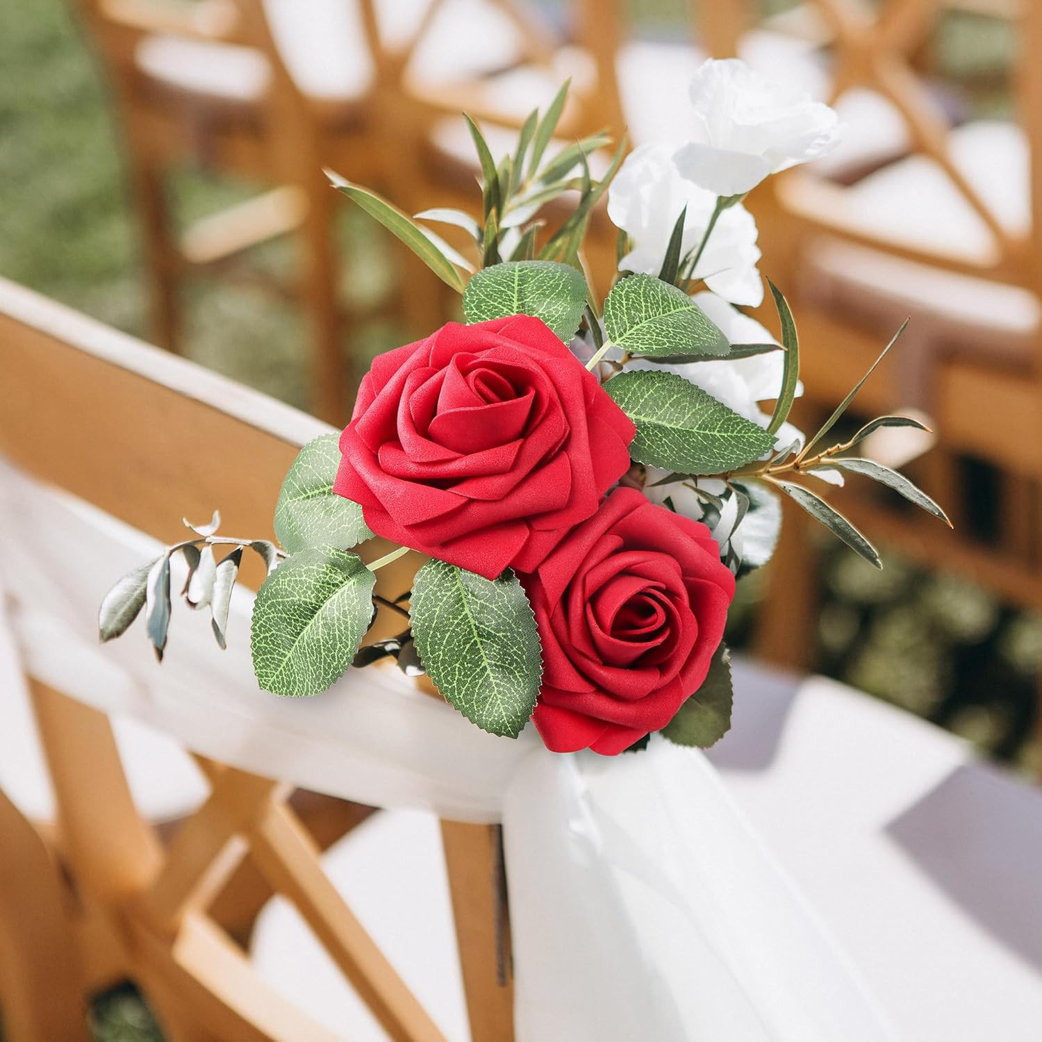 50 Pcs Artificial Flowers Red Roses Bulk, Real Looking Foam Fake Roses with Stem