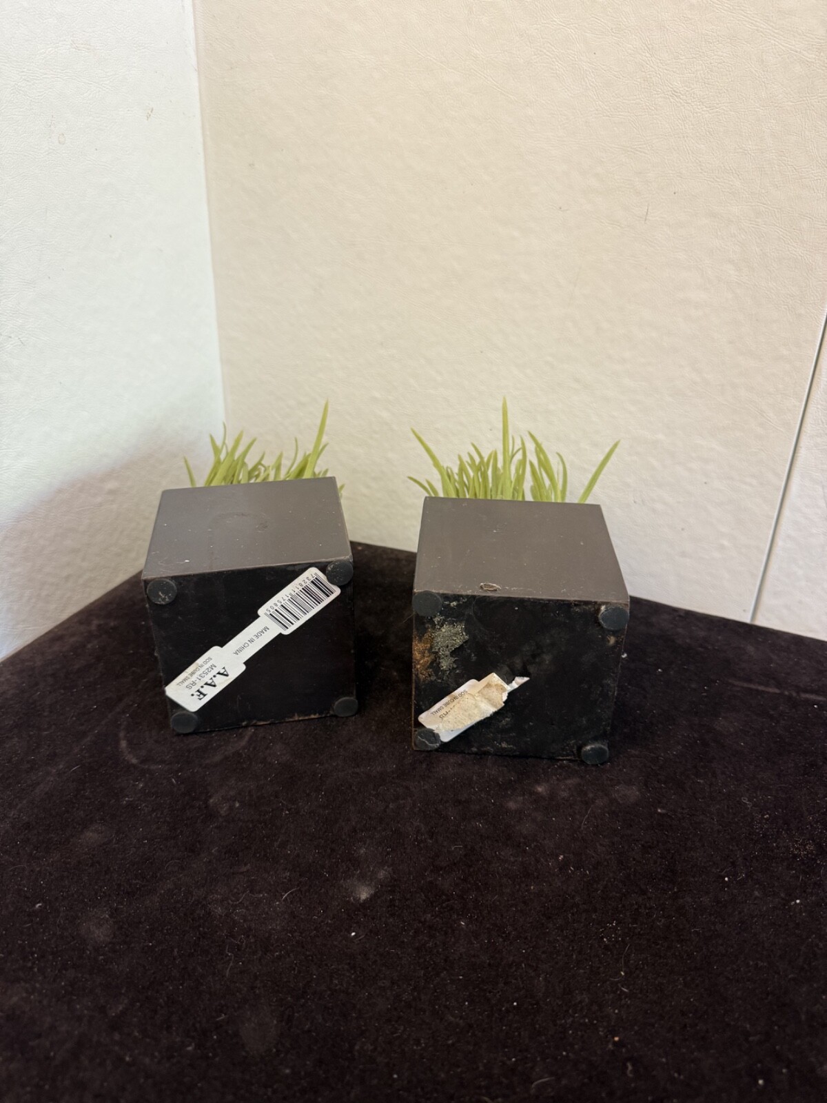 6 1/2 x 3 1/2 Artificial Green Grass Plants Black Metal Cube Planter