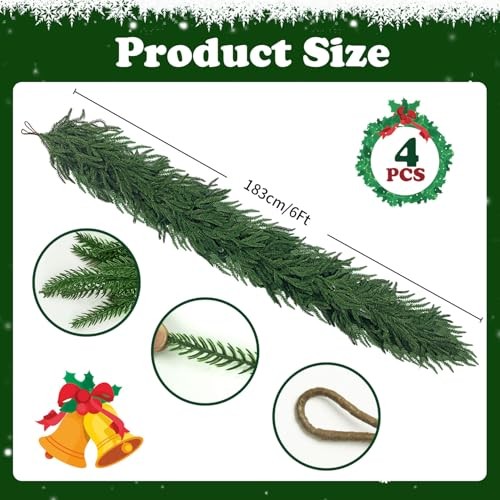 4 Pcs 6 Ft Artificial Norfolk Pine Garland, Real Touch Dense Faux 6FT-4PCS
