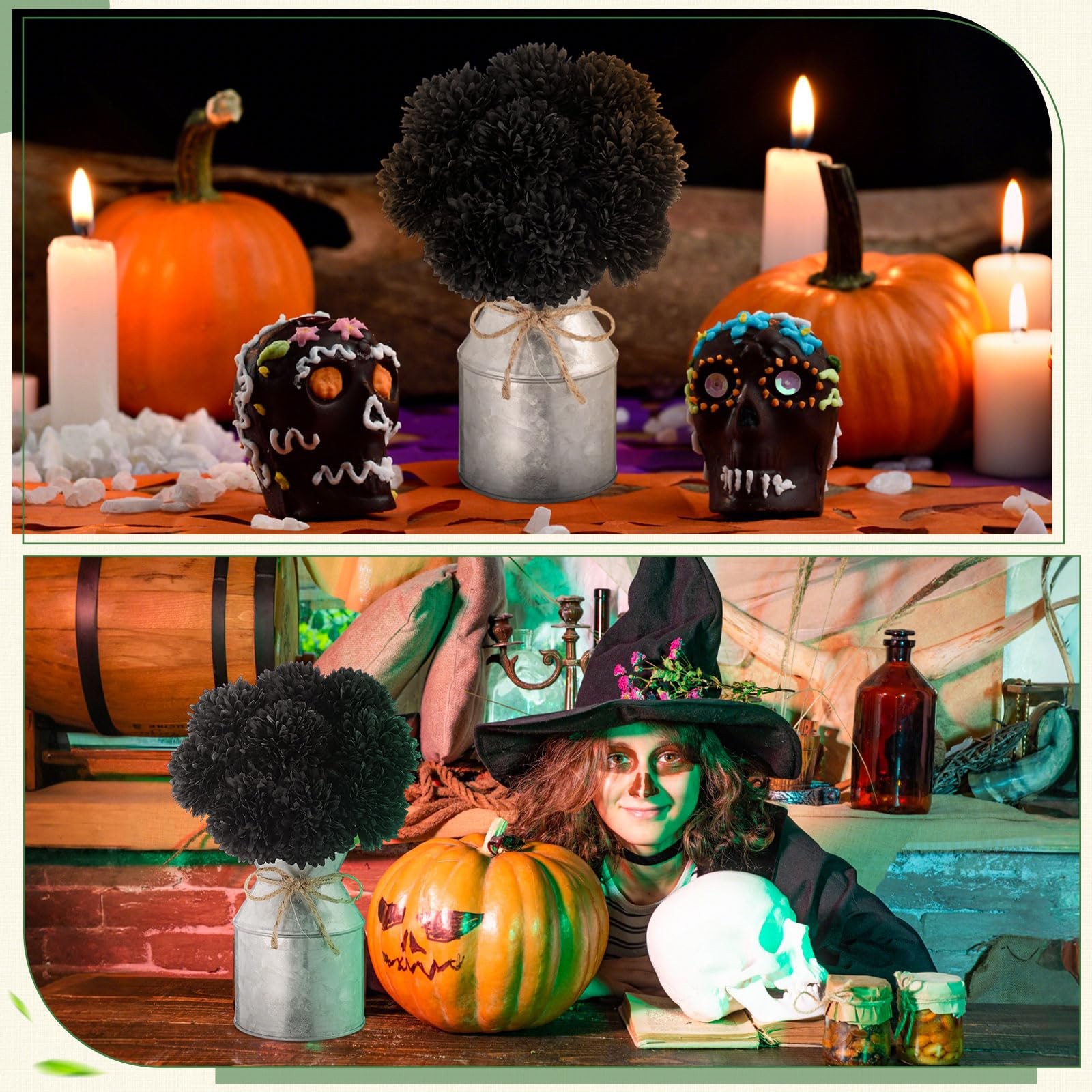 9 PCS Artificial Marigold Silk Flowers Metal Pot Day of The Dead Decor Black