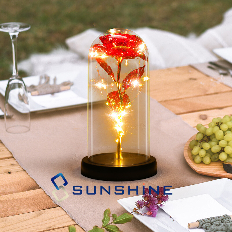 Rosa de galaxia con luz LED de cristal en cúpula, flor eterna de aluminio regalo