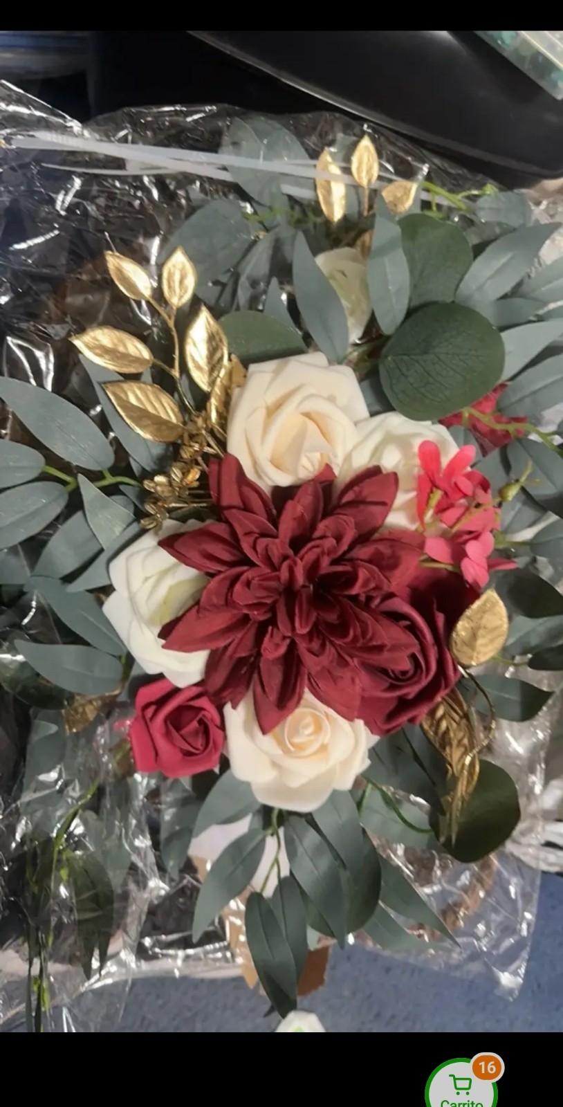 Artificial Rose & Eucalyptus Wall Hanging Decor Burgundy White Green Gold