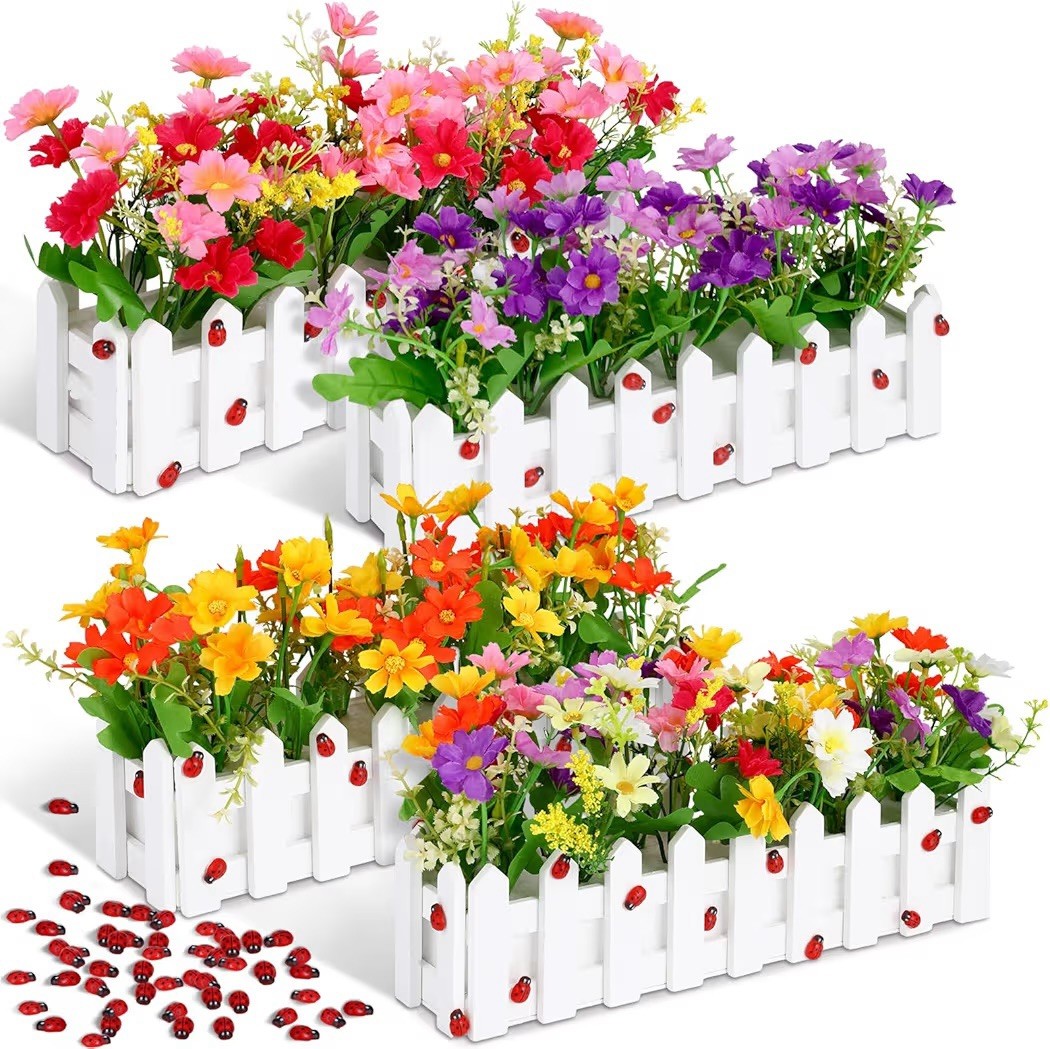 Mixed Color Faux Silk Daisies in Picket Fence Wood Planters for Spring, Set Of 4