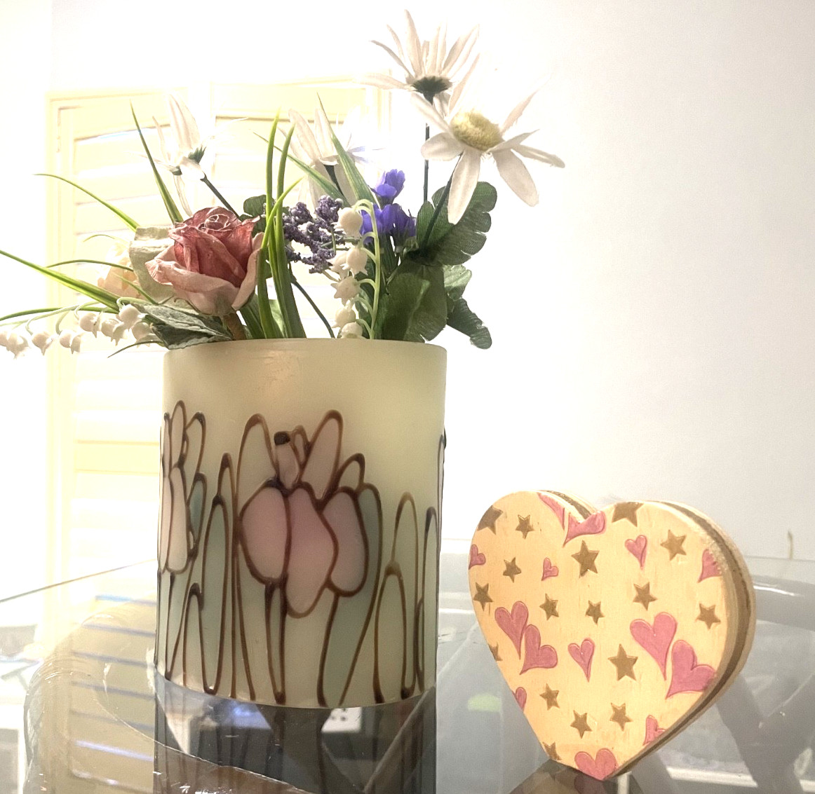 2-Piece Pretty Silk Flower in Wax Vase w/Nice Painted Wooden Heart