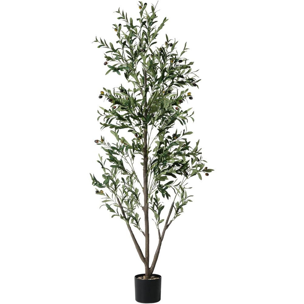 5FT Lighted Faux Olive Tree Indoor with Planter, Moss, Wood Trunk & Fruits