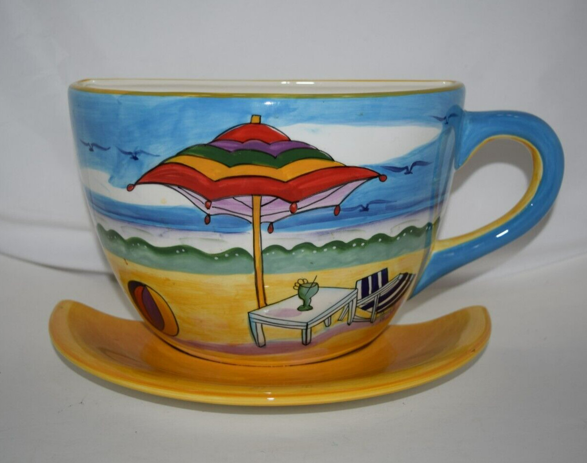 BEACH THEME ANNE ORMSBY LARGE TEA CUP WALL VASE PLANTER SIGNED BAUM BROS