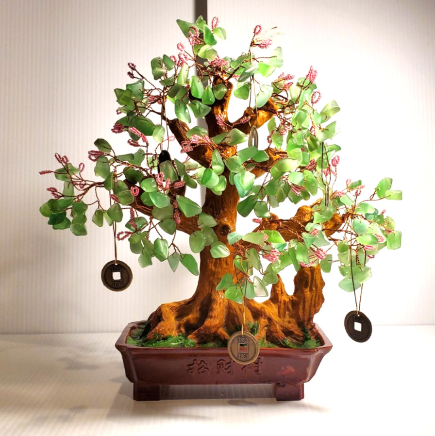 Vintage Bonsai Pink Flowers Green Glass Leaves Good Luck Money Coin Tree