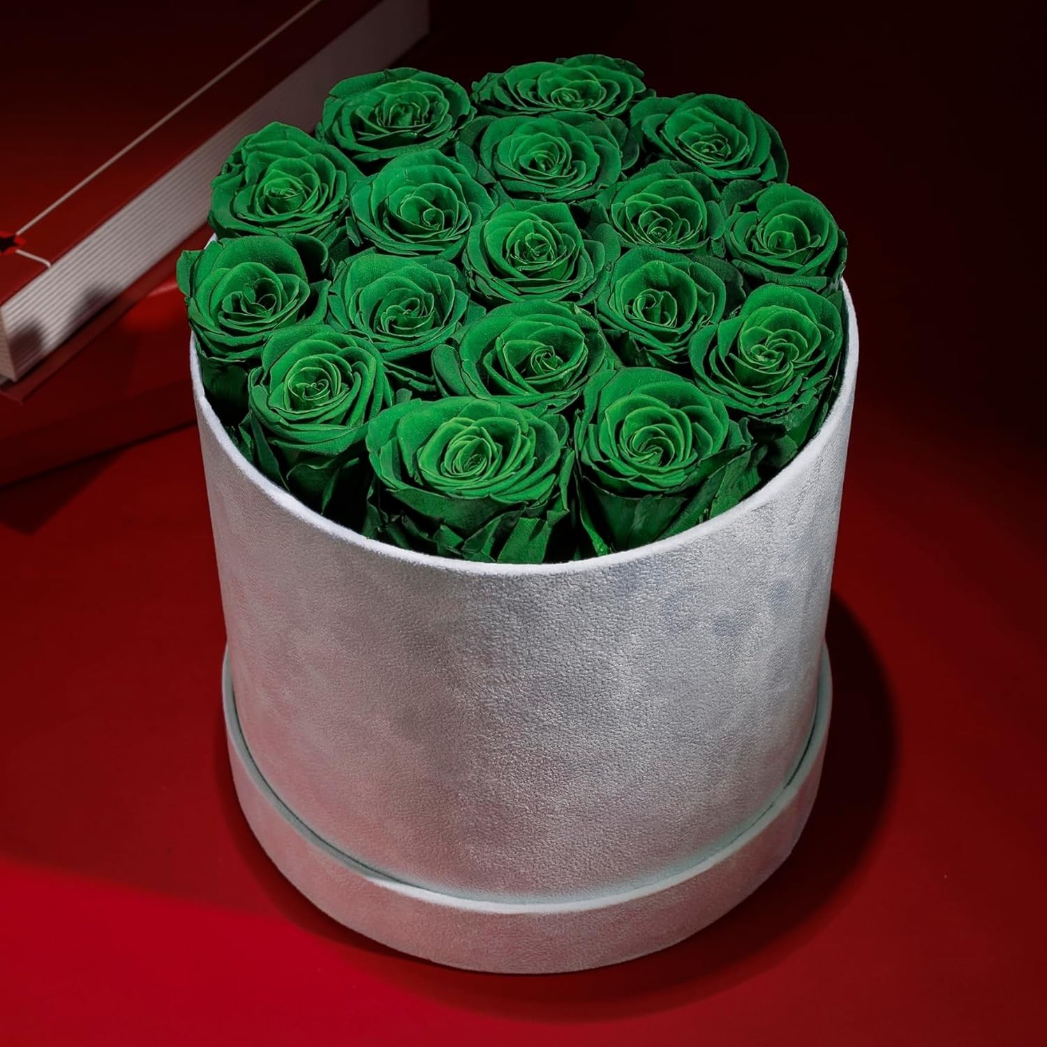 Handcrafted 17 Preserved Roses in Dark Green Suede Box – Effortless Elegance
