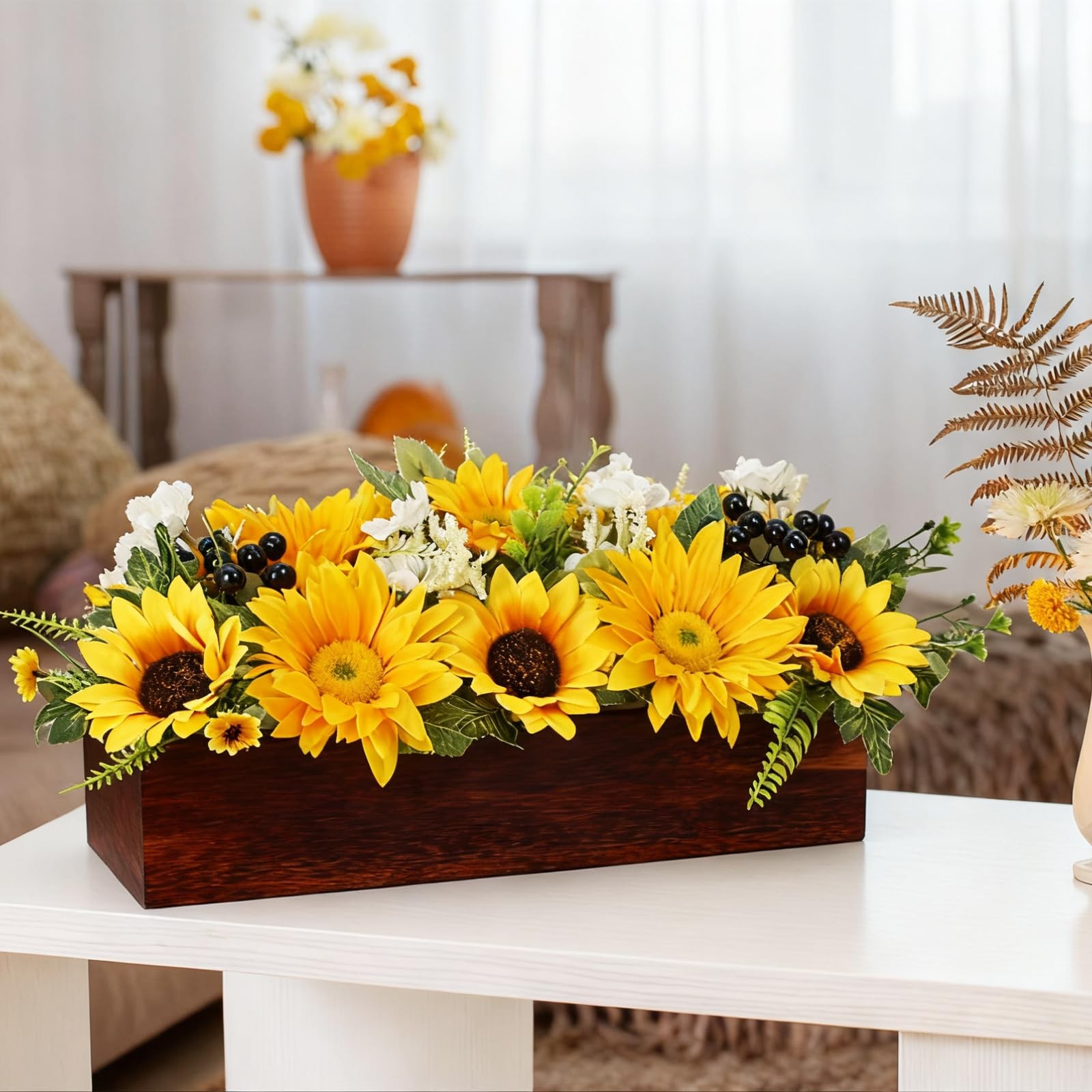 Sunflower Arrangement with Wood Tray Centerpieces for Tables Home Decor