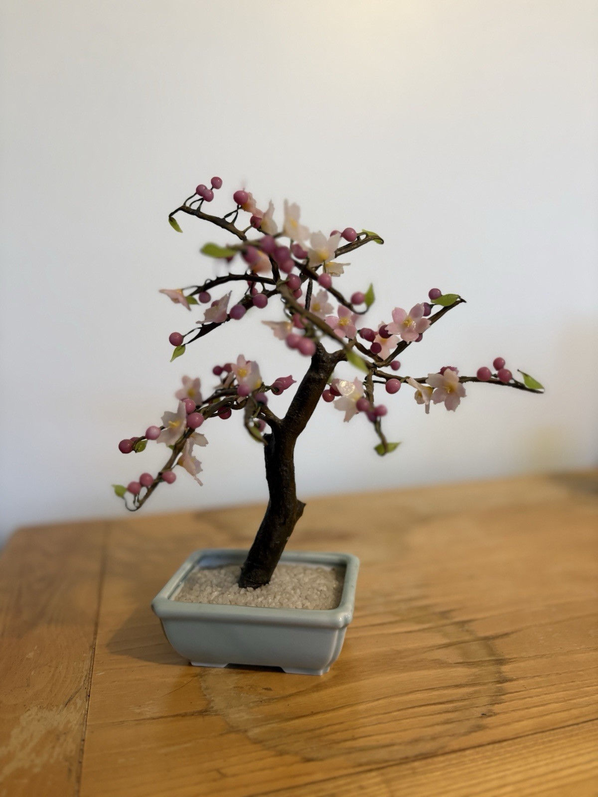Vintage Cherry Blossom Bonsai Tree w/ Pink Blossoms & Berries Gray Planter