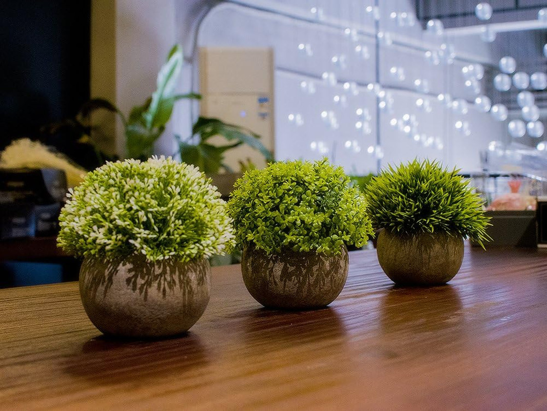 Artificial Plastic Mini Plants Unique Fake Fresh Green Grass Flower in Gray Pot