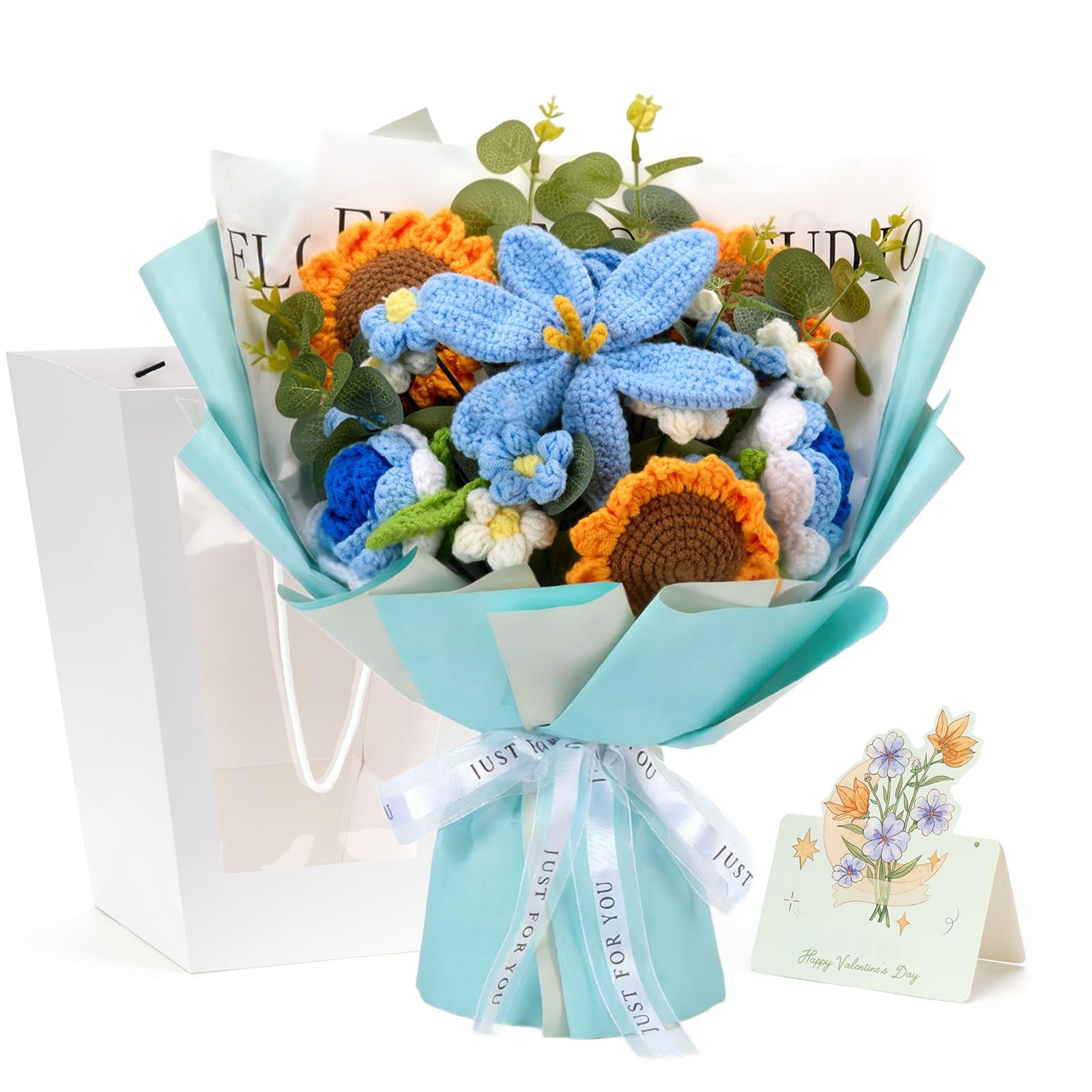 24 Flowers 15″ Tall Handmade Crochet Bouquet Rose Sunflower With Gift Bag