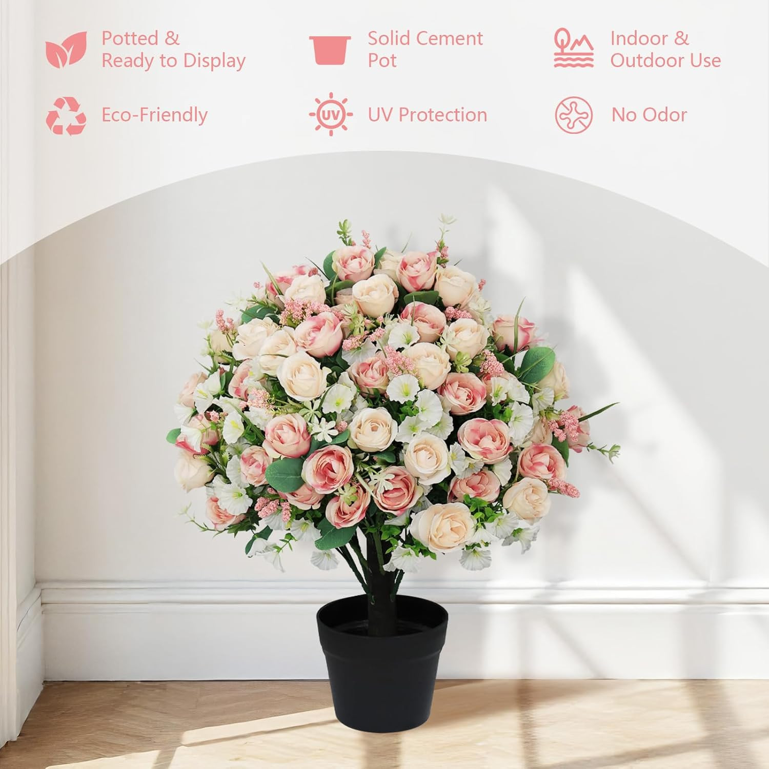 24″ Faux Rose & Eucalyptus Outdoor Flowers in Cement Pots – Set of 2