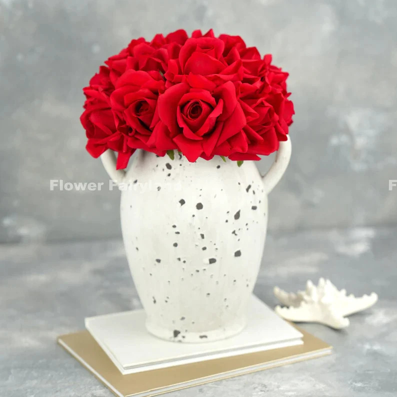 5 Stems Real Touch Moist Latex Rose Bouquet – Bright Red | Artificial Flower