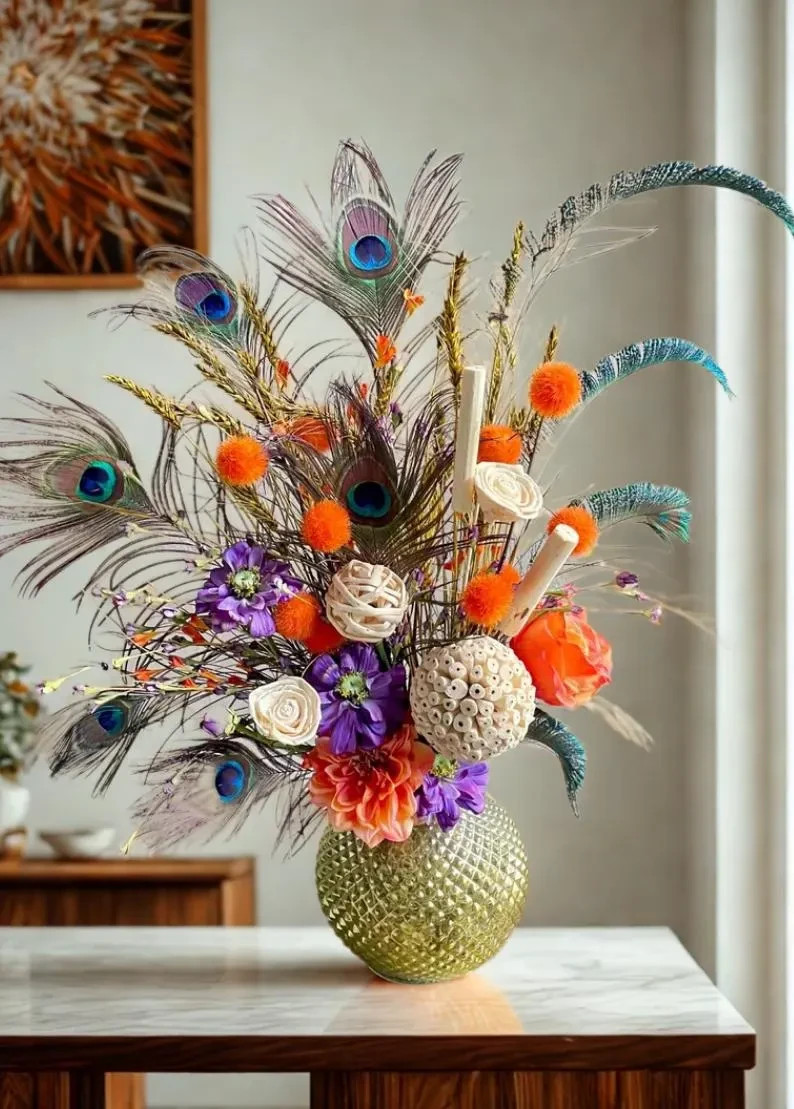Peacock Centerpiece: Earthy Floral Arrangement, Cute Purple & Orange Room Decor