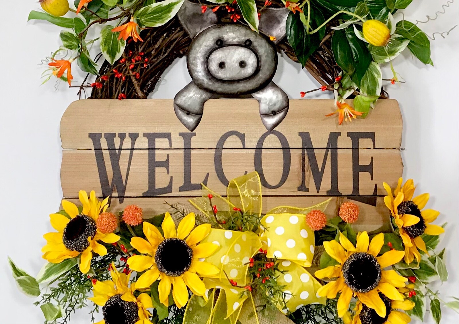BRIGHT SUNFLOWER GRAPEVINE SUMMER WREATH METAL PIG WOOD WELCOME SIGN DECOR NEW