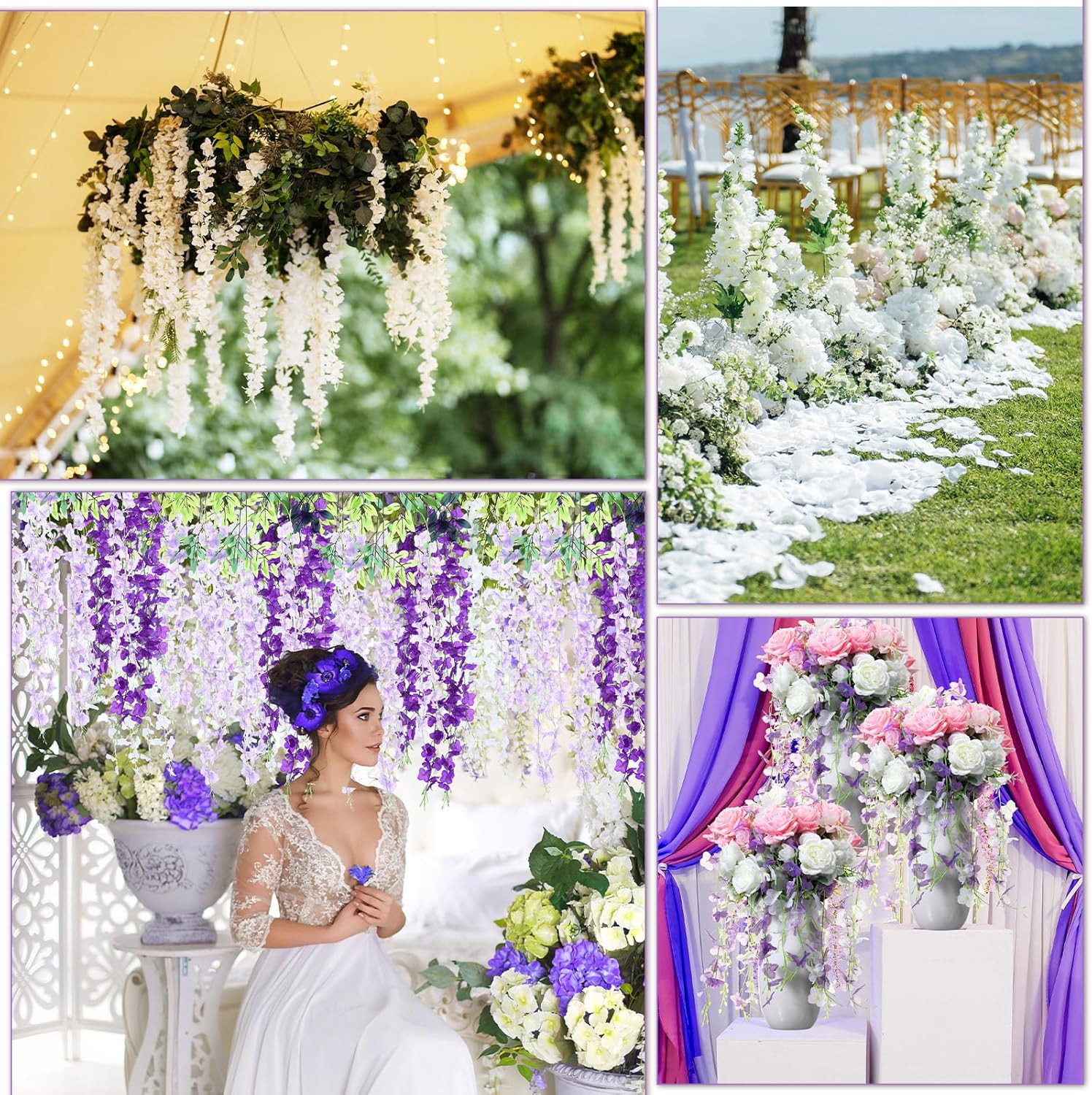48 Pcs Artificial Wisteria Garland – Purple & White Silk Flower Vines
