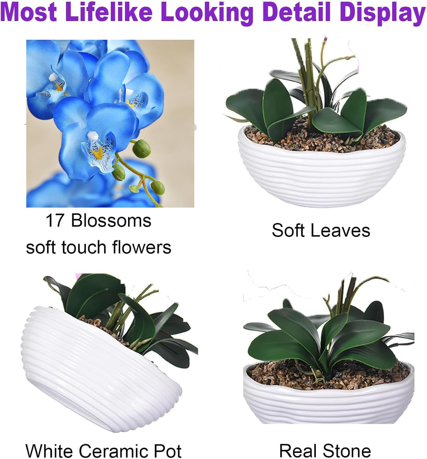 Blue 19″ Faux Phalaenopsis Orchid in Ceramic Pot – Elegant Silk Floral Centerpie