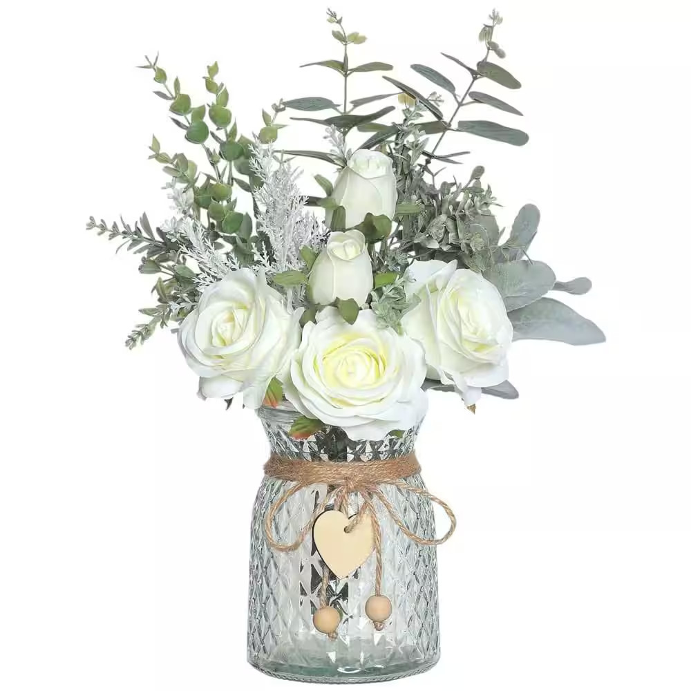 Faux Flowers with Vase 14.5 In. White Artificial Silk Roses Eucalyptus Flower Ar