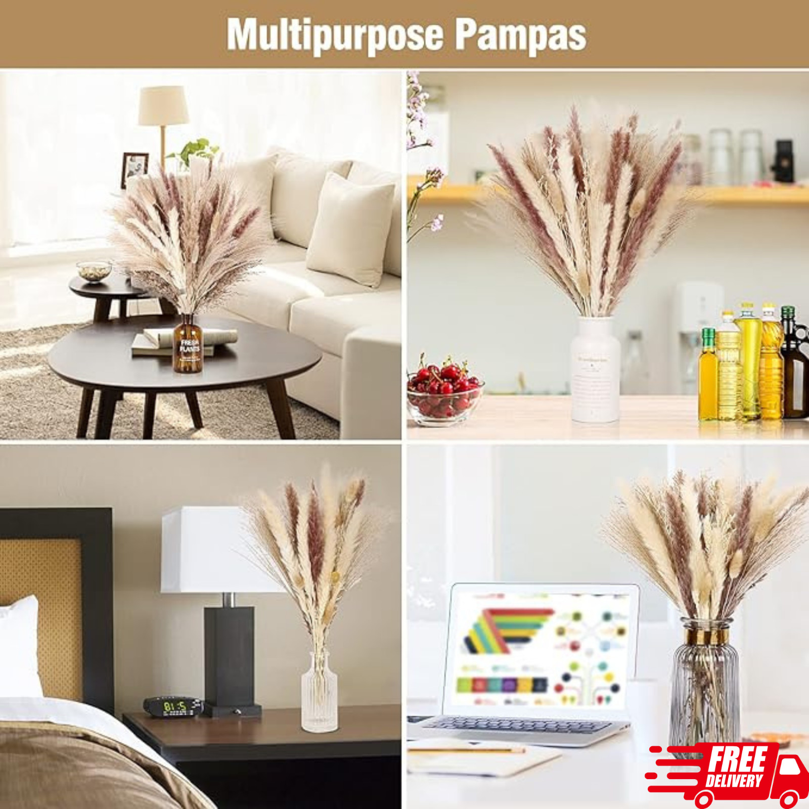 75Pcs Pampas Grass Decor-10Pcs White Pampas Grass, 20Pcs Brown Pampas Grass, 10P