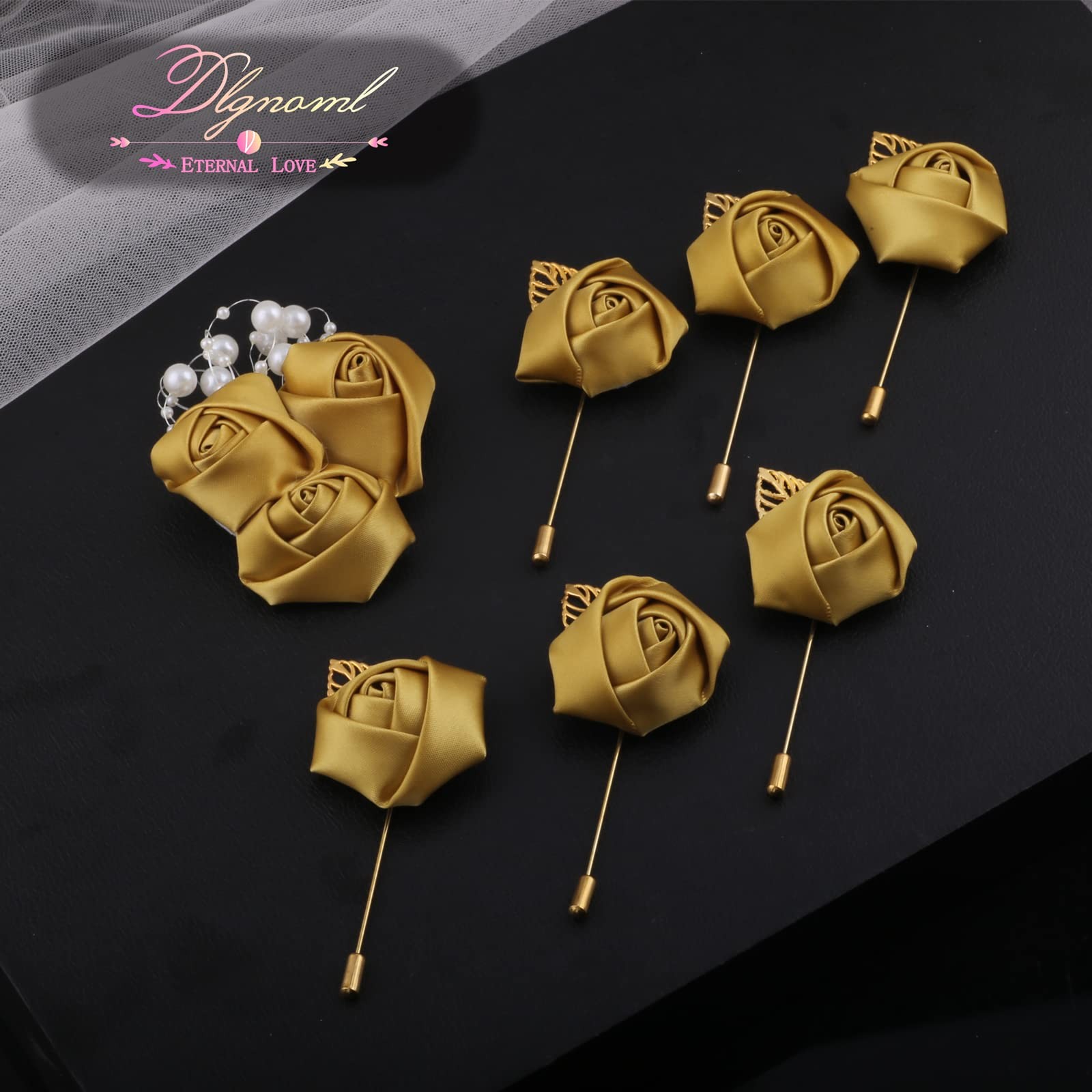 7 PCS Gold Artificial Rose Corsages Boutonniere Pins Men Wedding Suit Decor