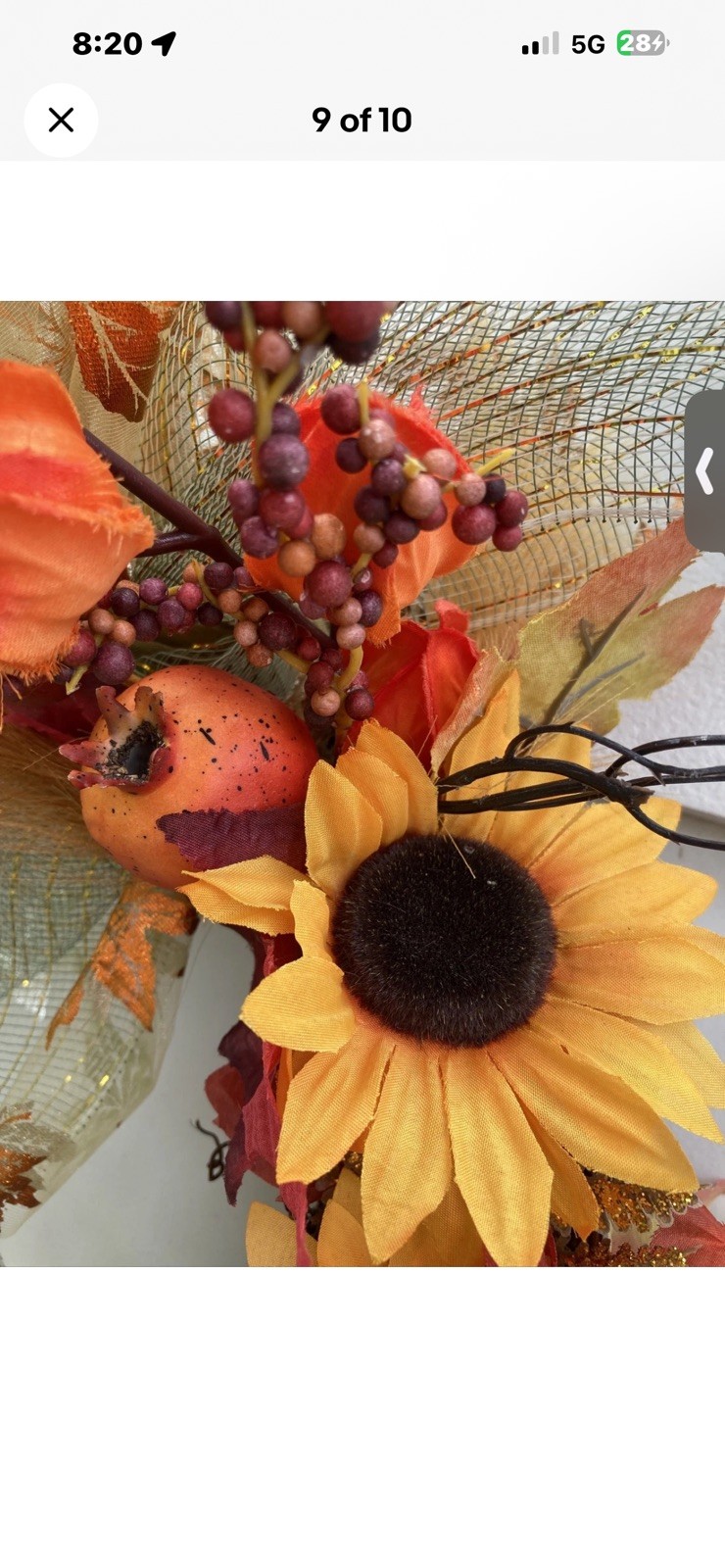 Sunflower Grapevine Country Rustic Wreath w Chinese Lanterns Pomegranate, ferns