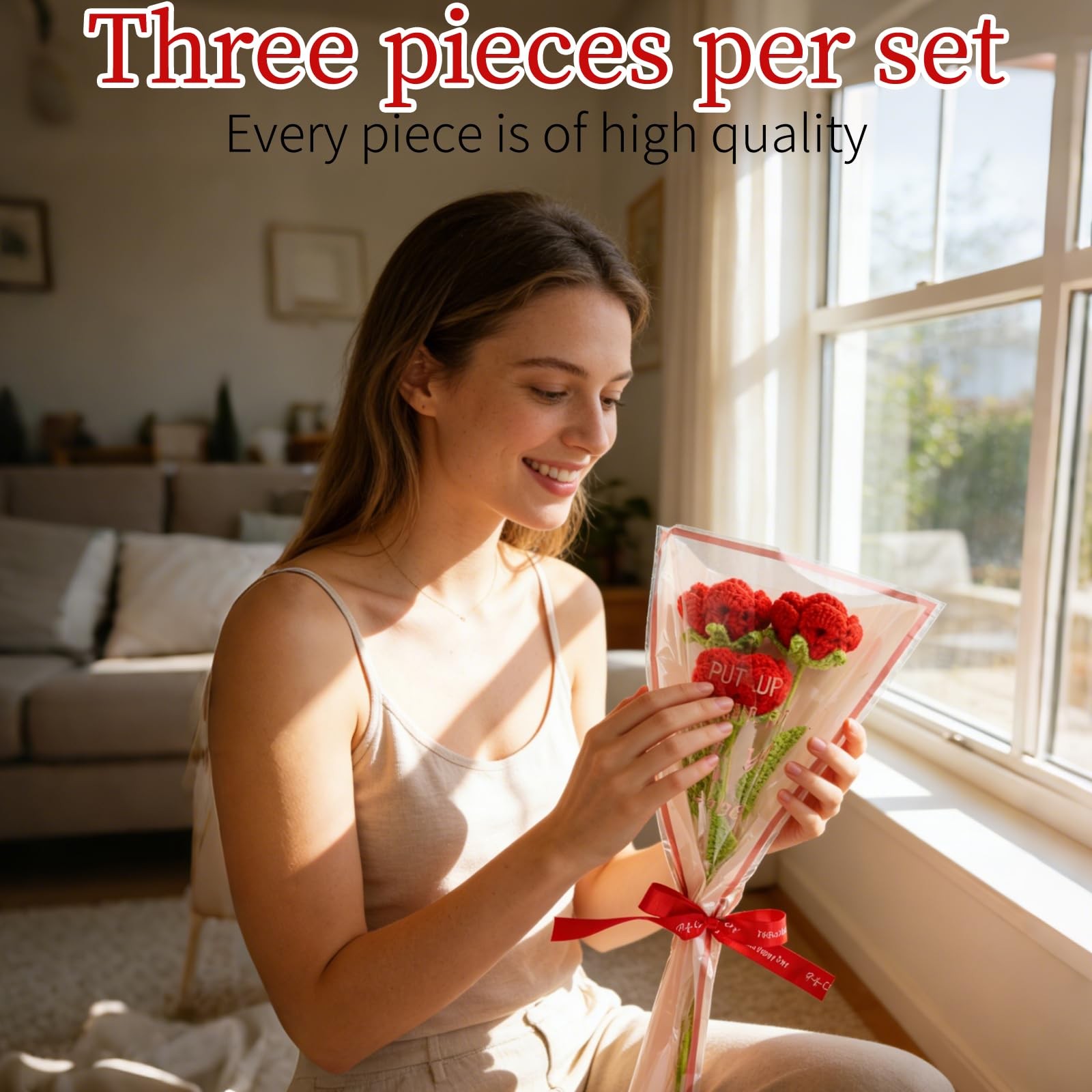 3 Pcs Handmade Crochet Rose Bouquet – Everlasting Floral Decor for Home Offic…
