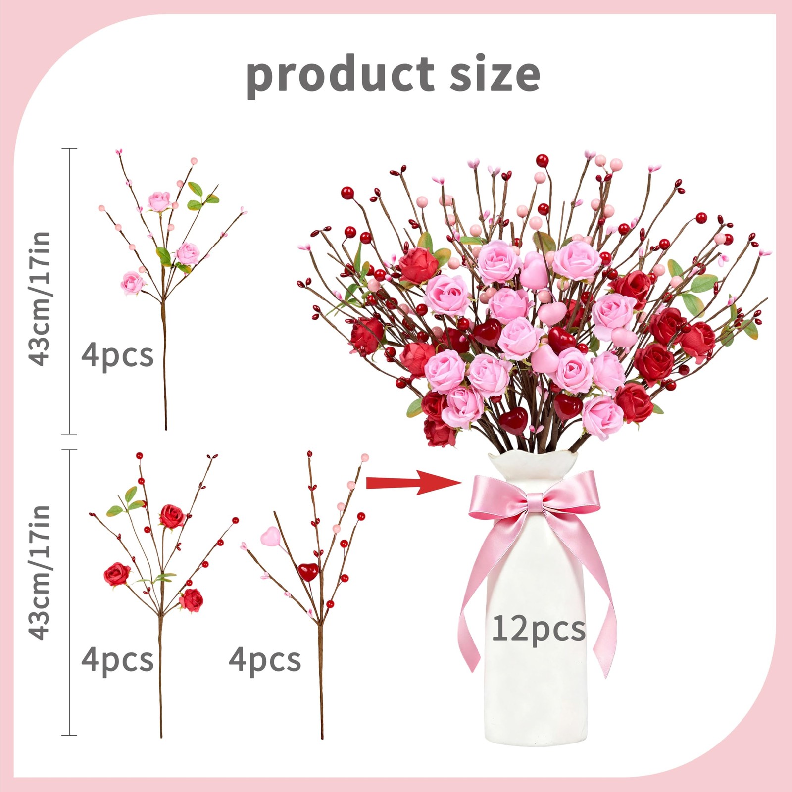 12 PCS Valentine Artificial Flowers 17 Inch Picks Red Roses Pink Heart Berries