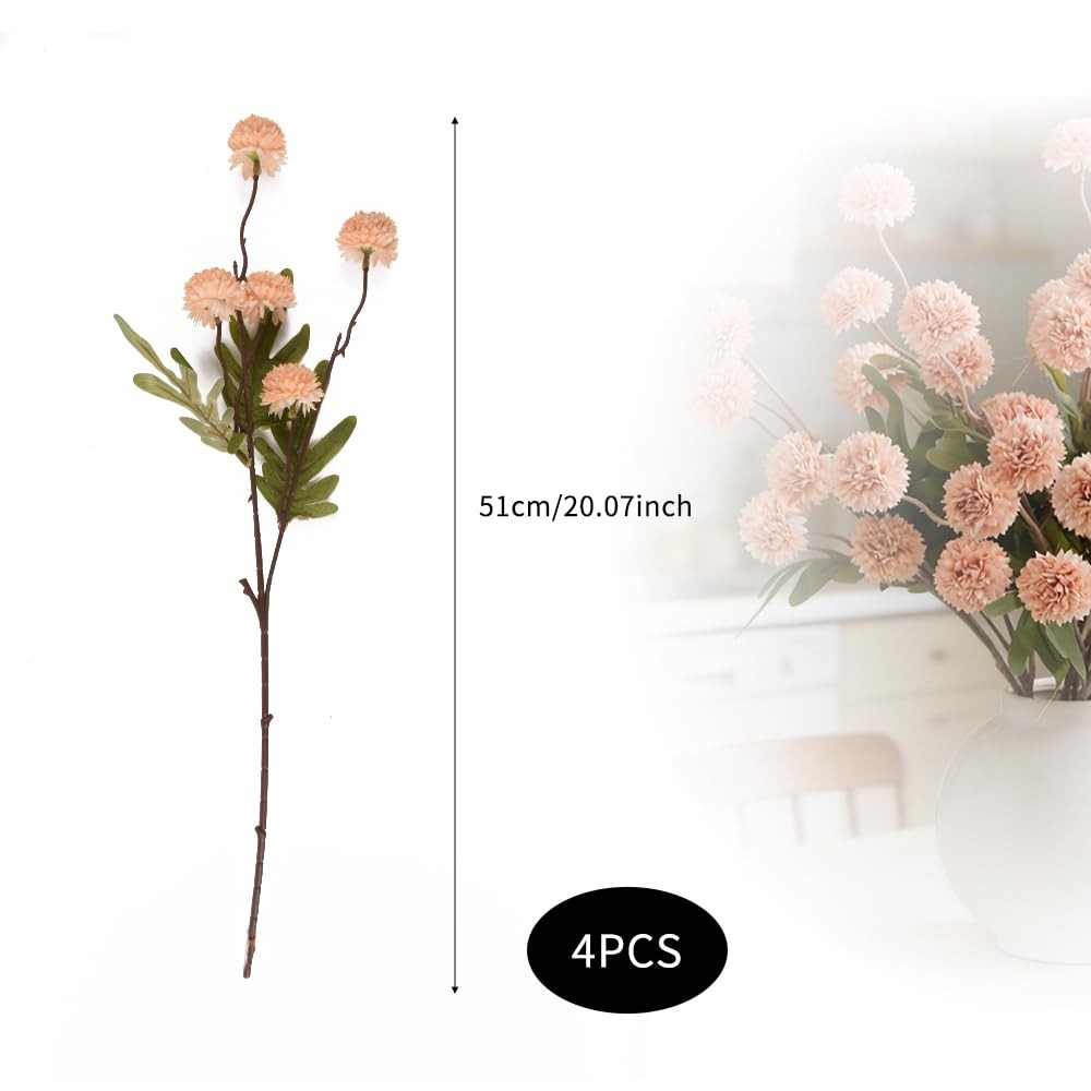Artificial Pompon Mum Stems Silk Decor Champagne 20 Inch Set of 4