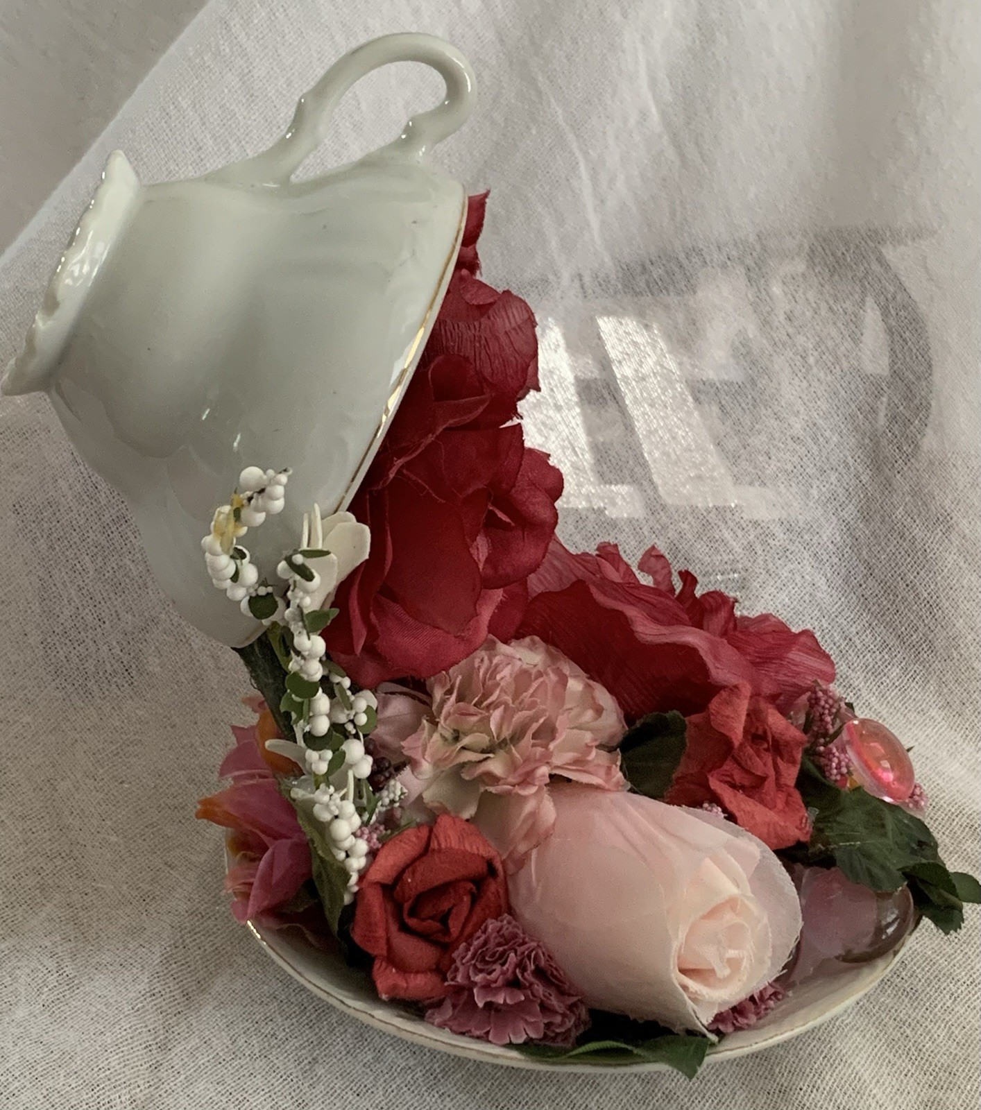 Mystical FLOATING PORCELAIN TEACUP/ARTIST MADE OOAK/Red & Pink FLORAL CASCADES/