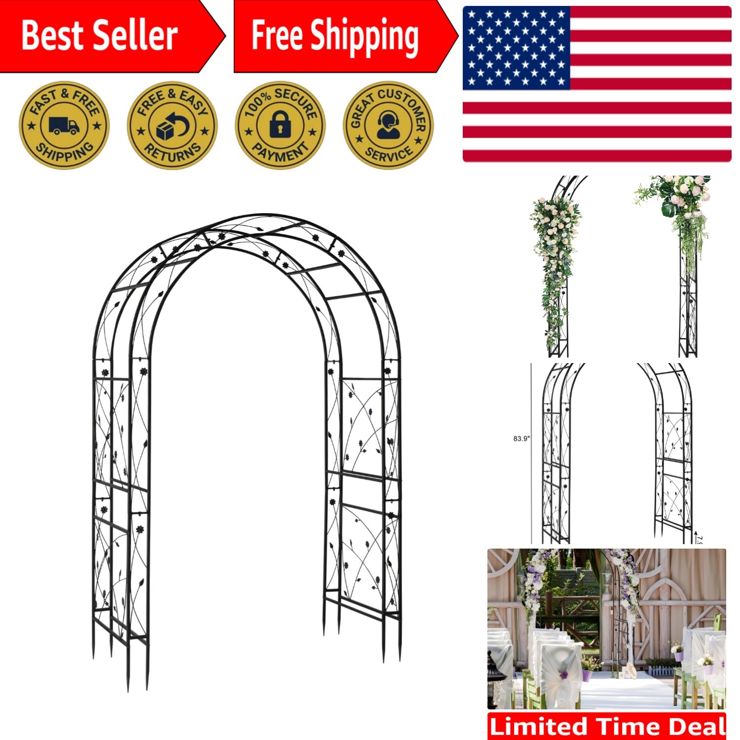 Garden Arbor, Arch for Wedding Ceremony Party, Christmas Garden Decor Steel G…
