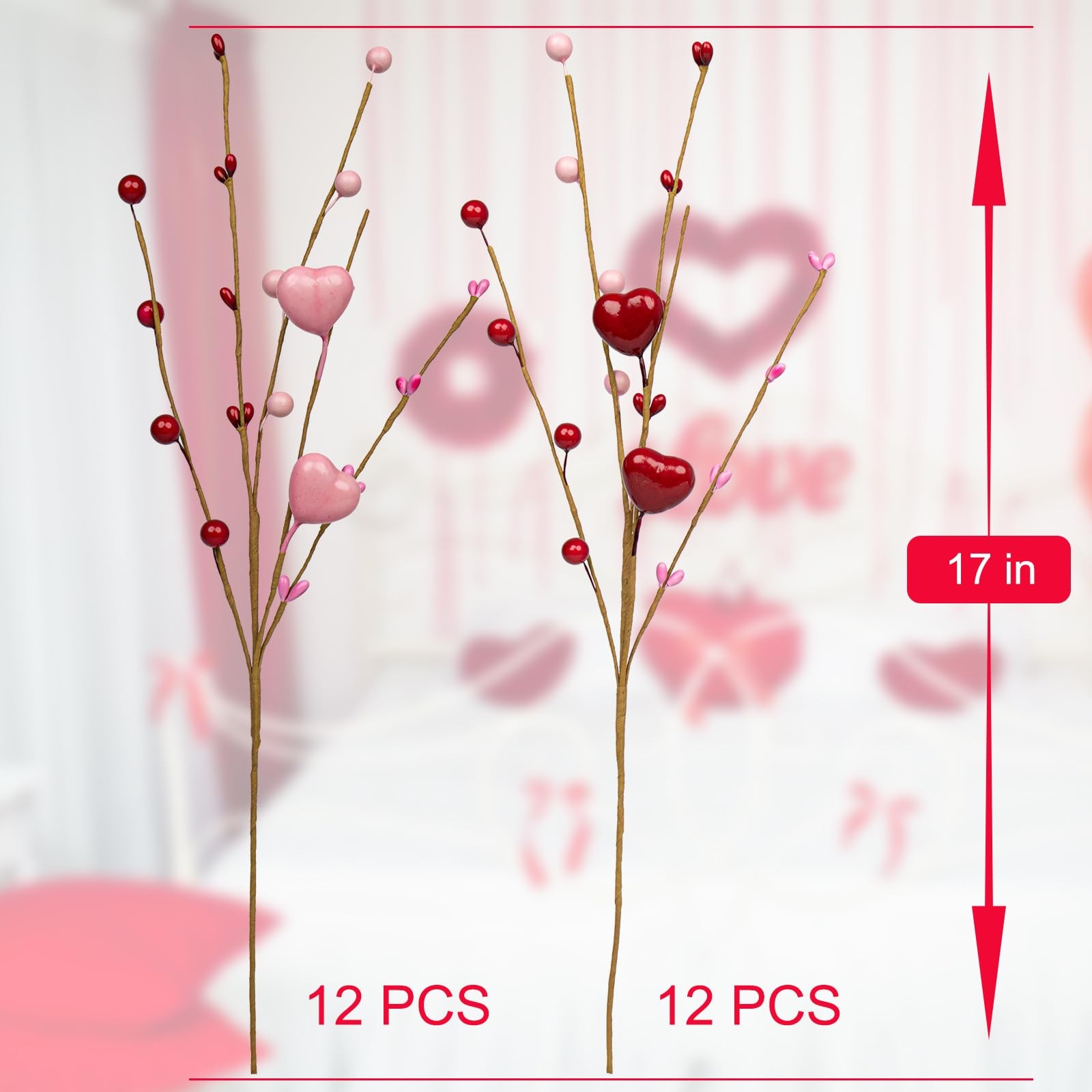 Pink Heart Decorations 24 Pack Red Heart Picks 17 Inch Pink Red Stems for Wed…