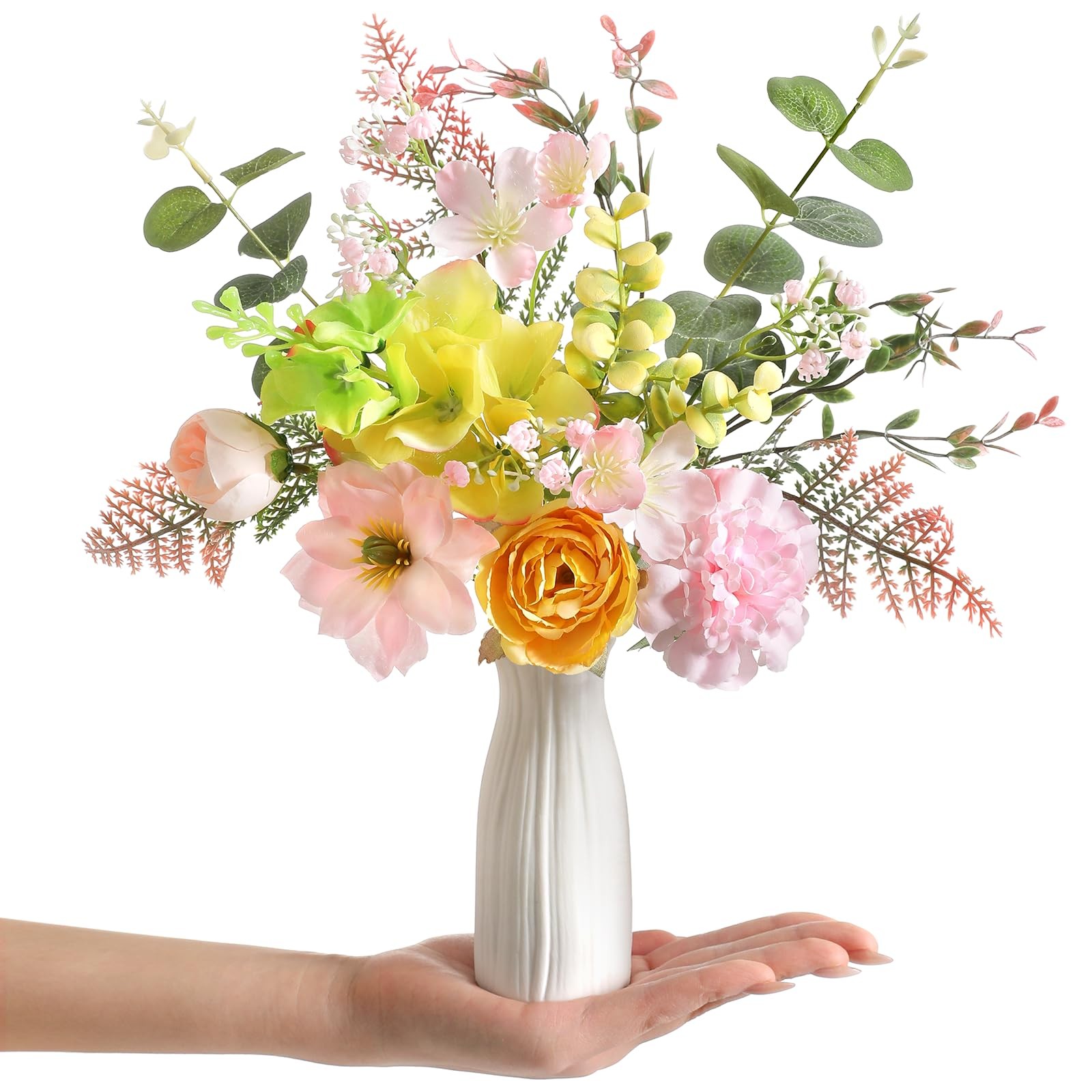 Small 11.8″ Artificial Flowers in Ceramic Vase – Yellow Pink Silk Flower Cent…