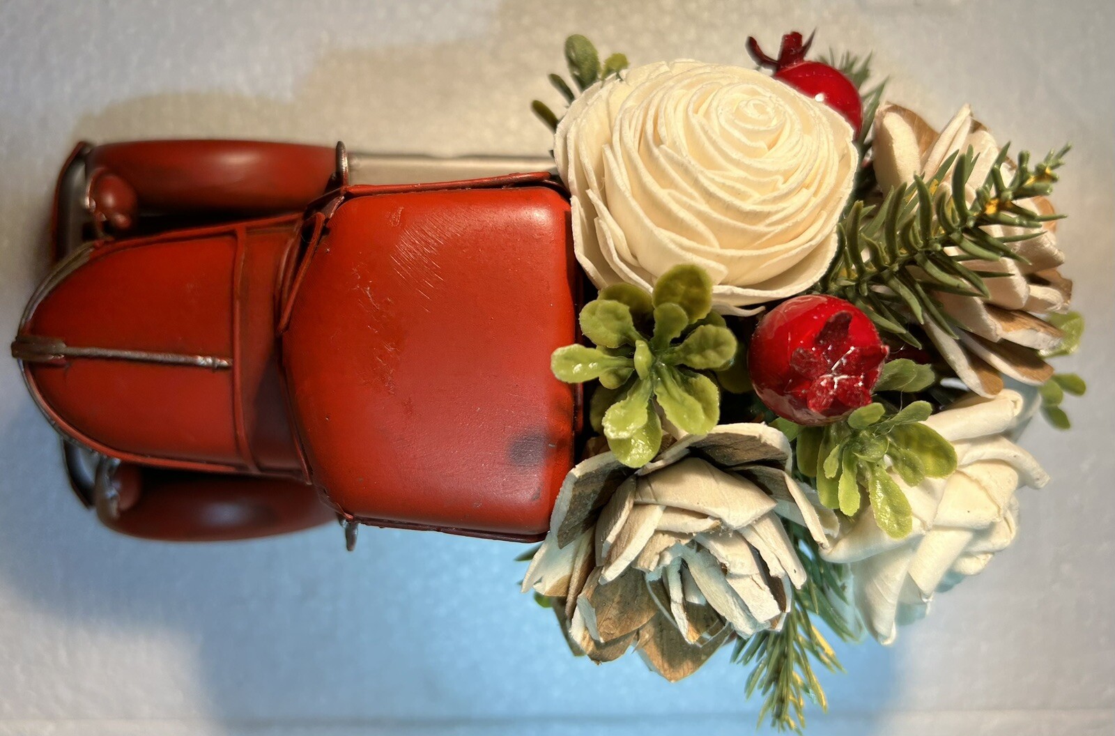 Red Metal Pickup Truck filled with Wood Flowers – home decor, rustic
