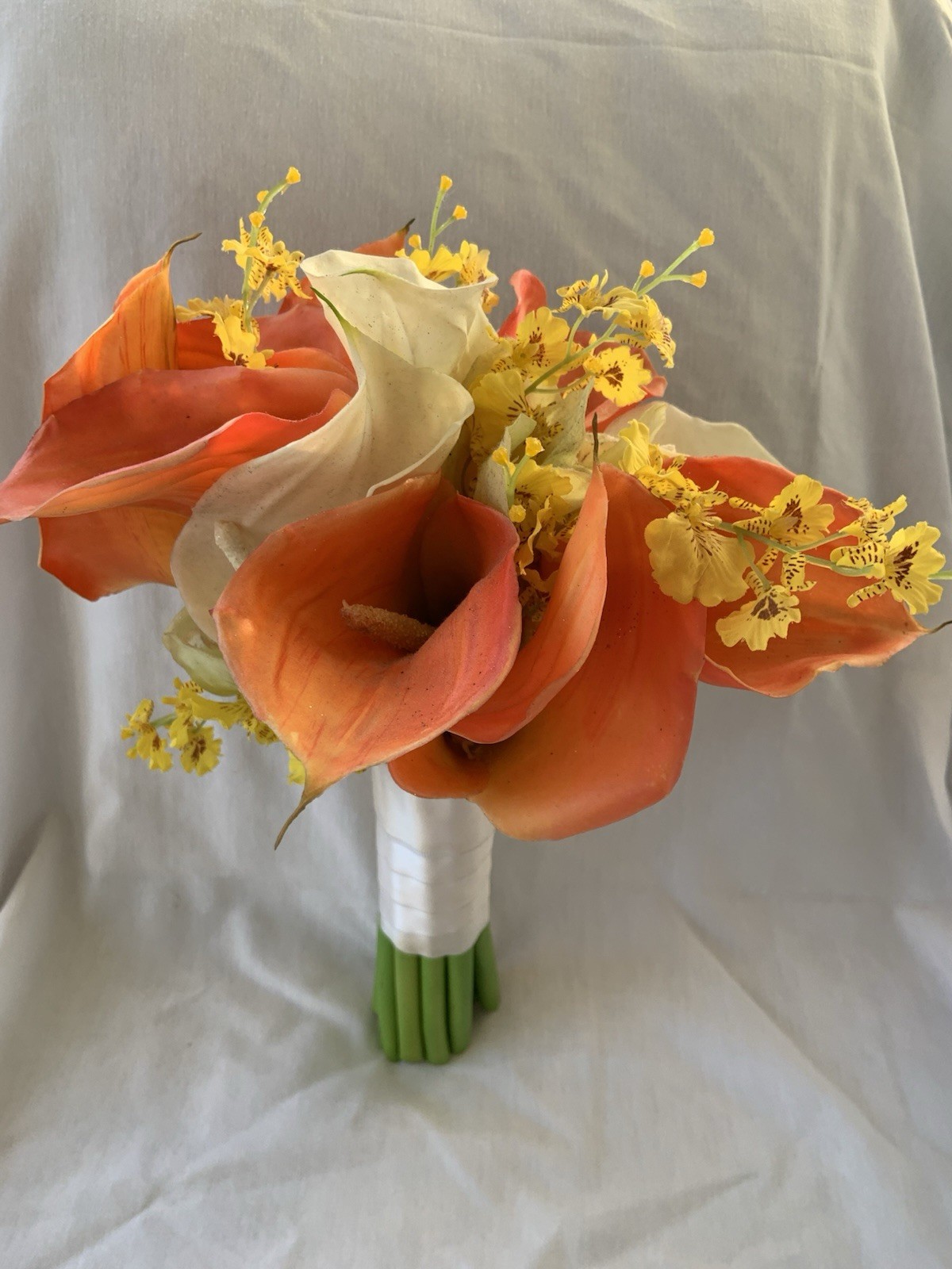 Bridal Prom Lily Bouquet Orange White Flowers Exotic Realistic Faux Rubber Soft