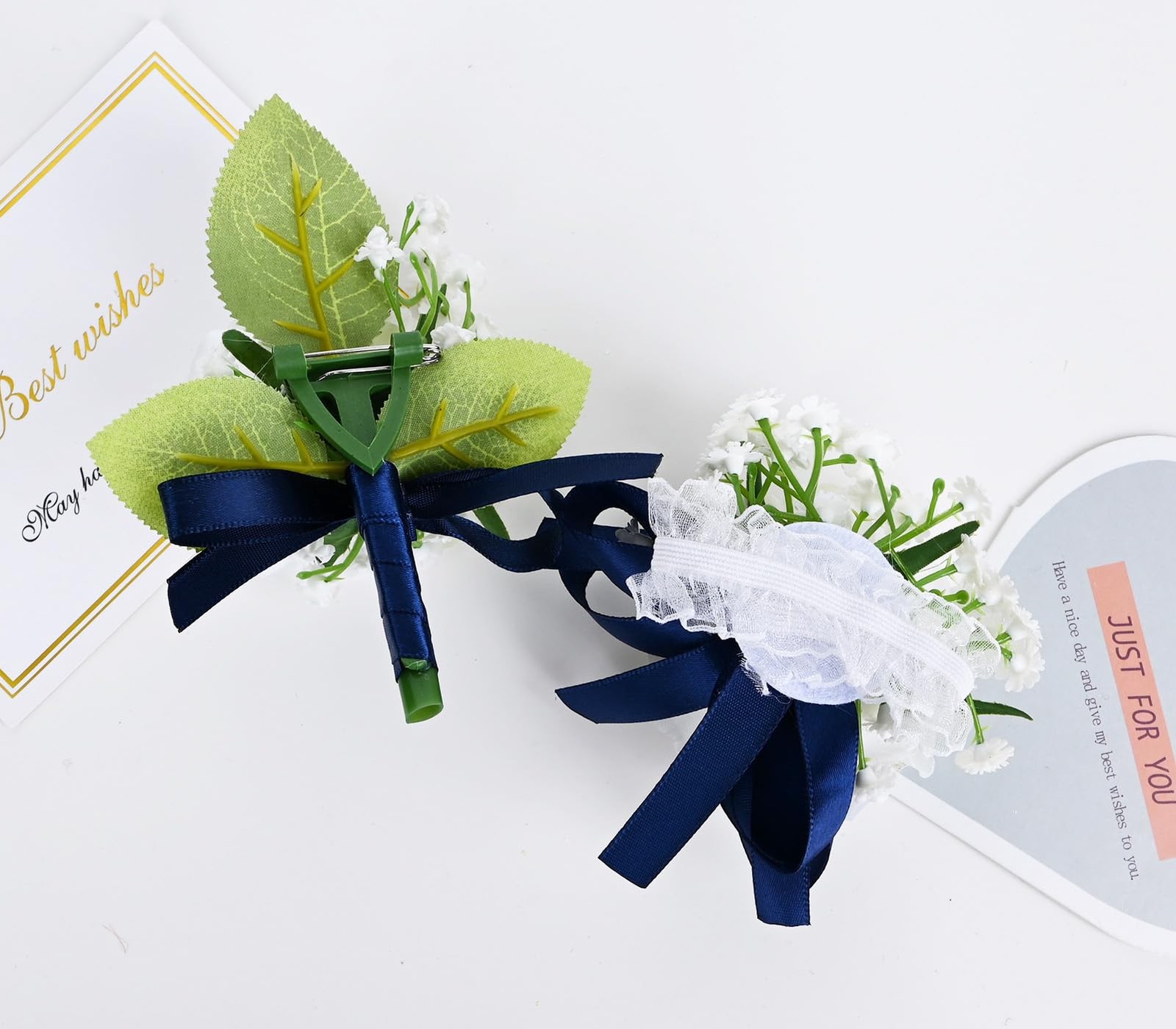 2 PCS Boutonniere Corsage Set Artificial Rose Groom Prom White Navy Blue