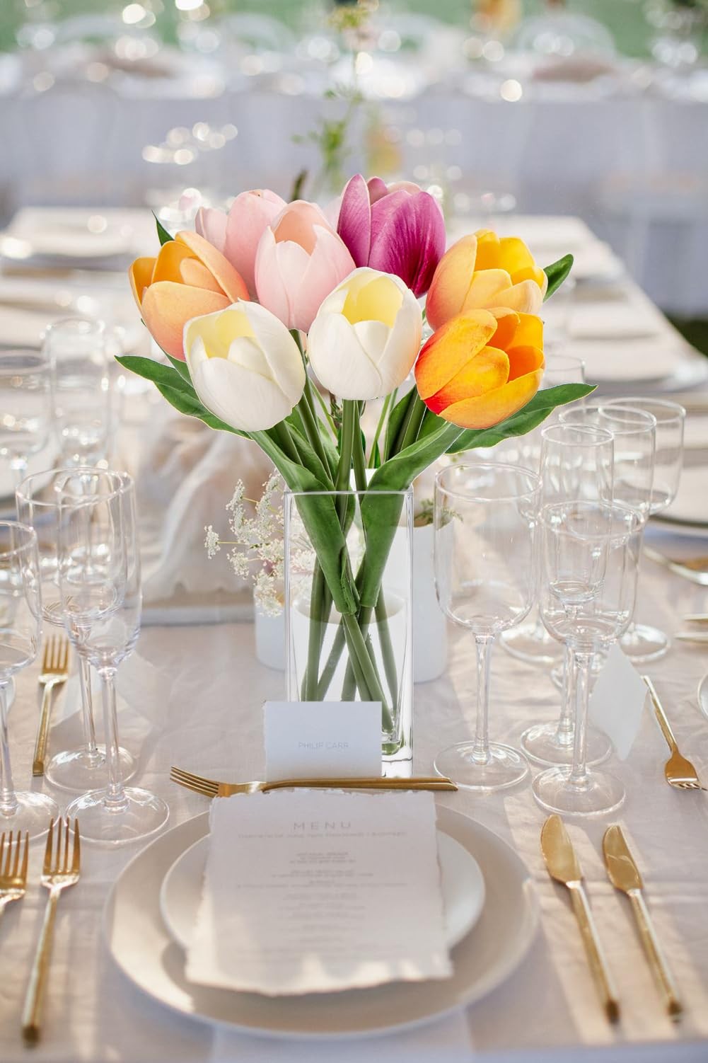 Artificial Tulip Fake Flower In Clear Vase Multi Color Real Touch Arrangement