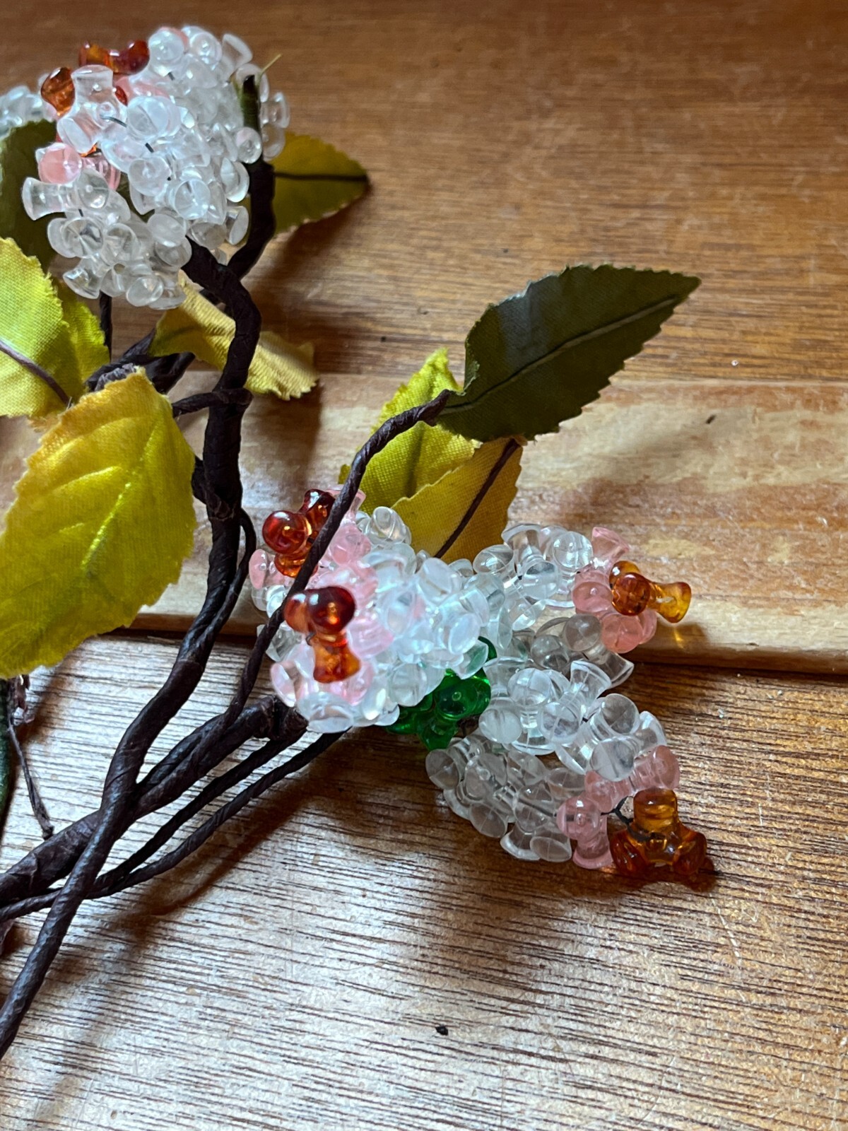 Hand Made Clear Pink & Orange Plastic Flowers w Green Silk Leaves –