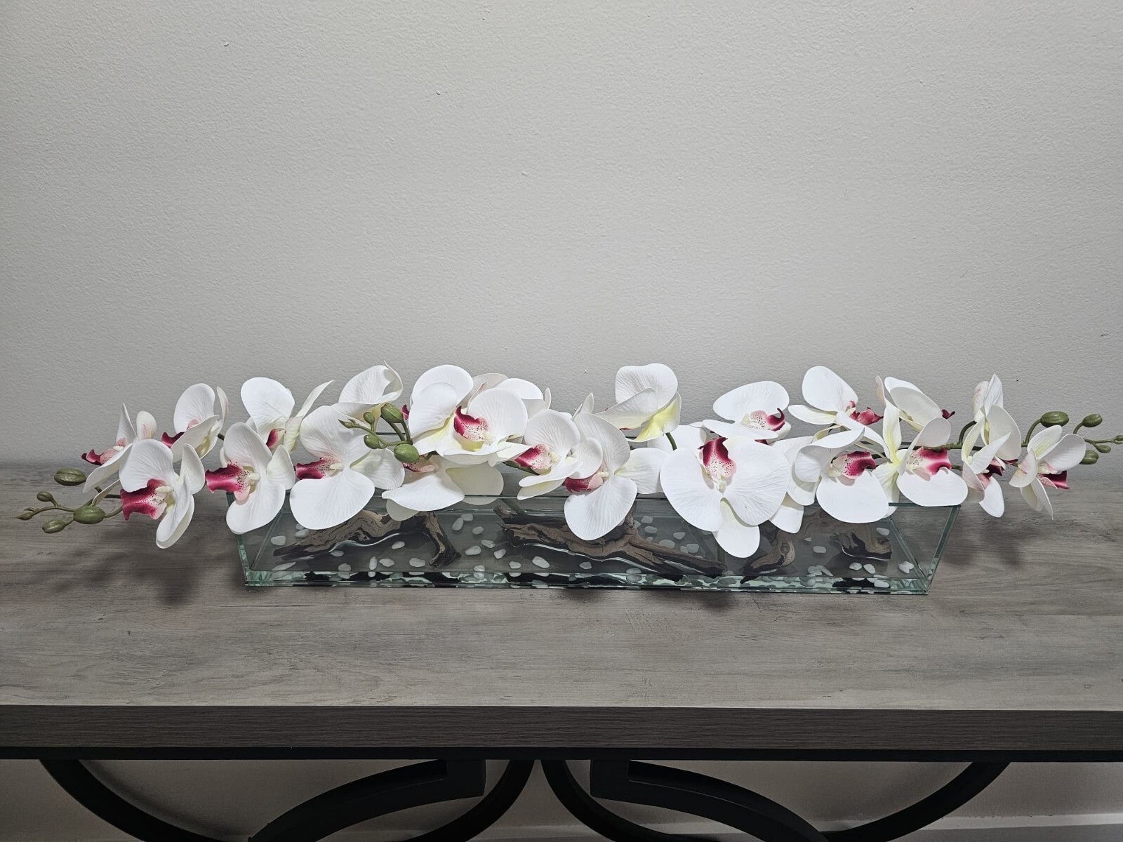 Floral Arrangement, Casa Moderna Glass Plate  W/ Faux White Orchids & Succulents