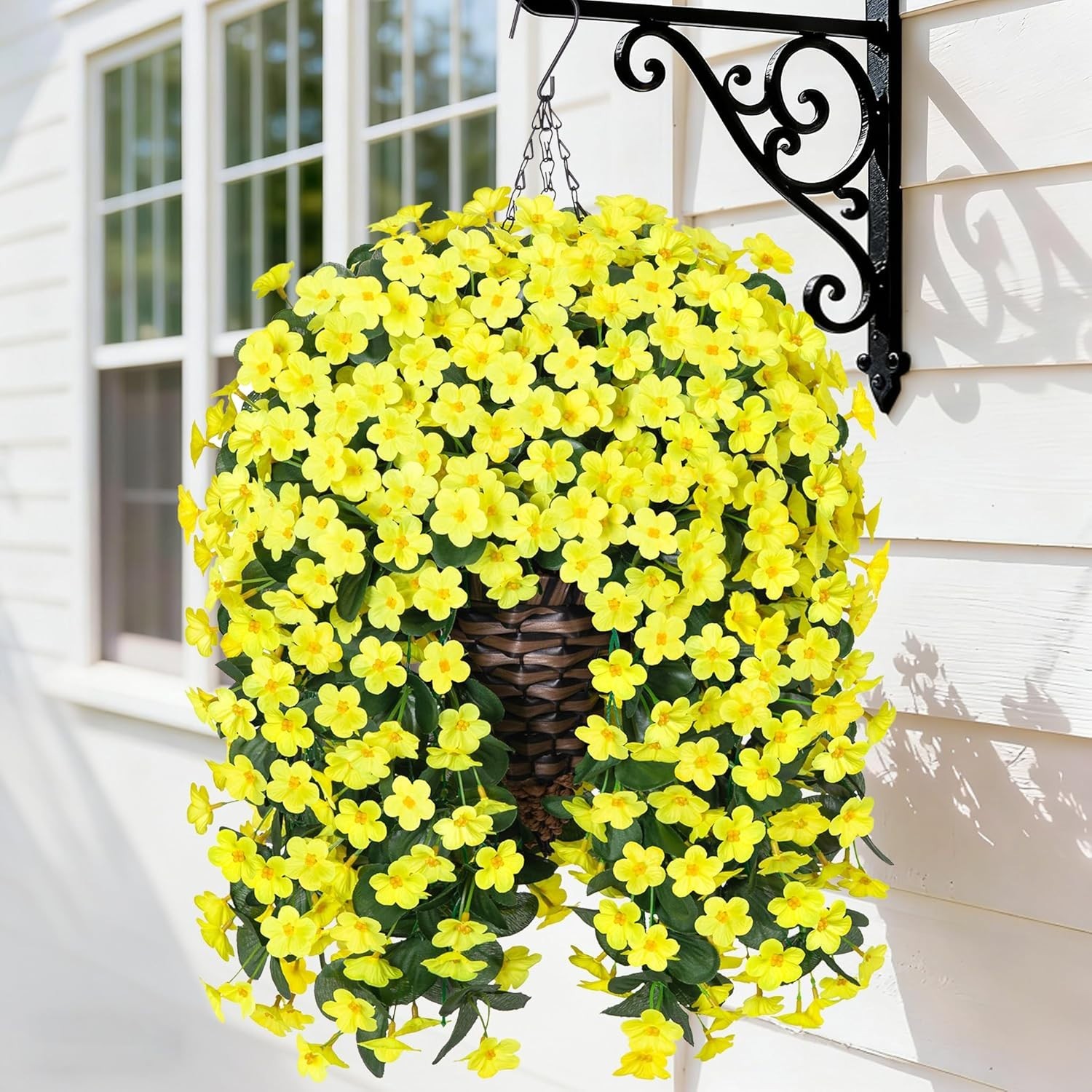UV Resistant Faux Silk Yellow Daisy Hanging Plant Basket for -Round Decor